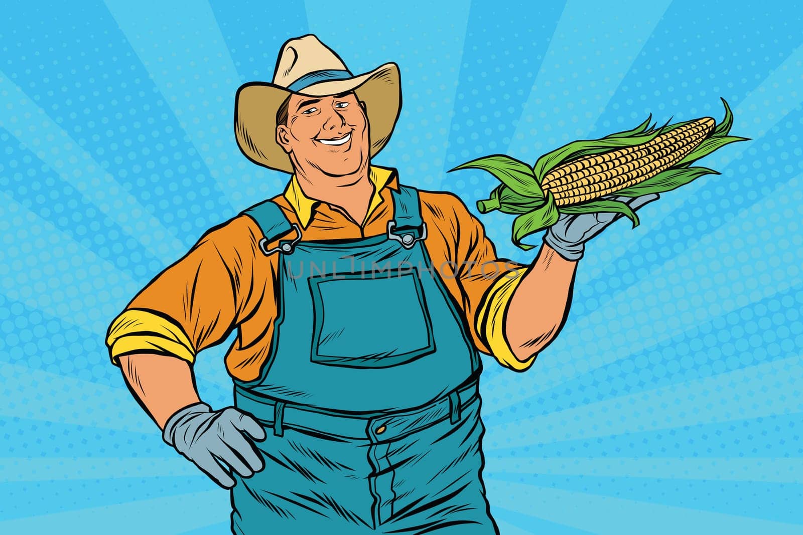 Rural farmer with an ear of corn, pop art retro vector illustration. Agriculture and the harvest