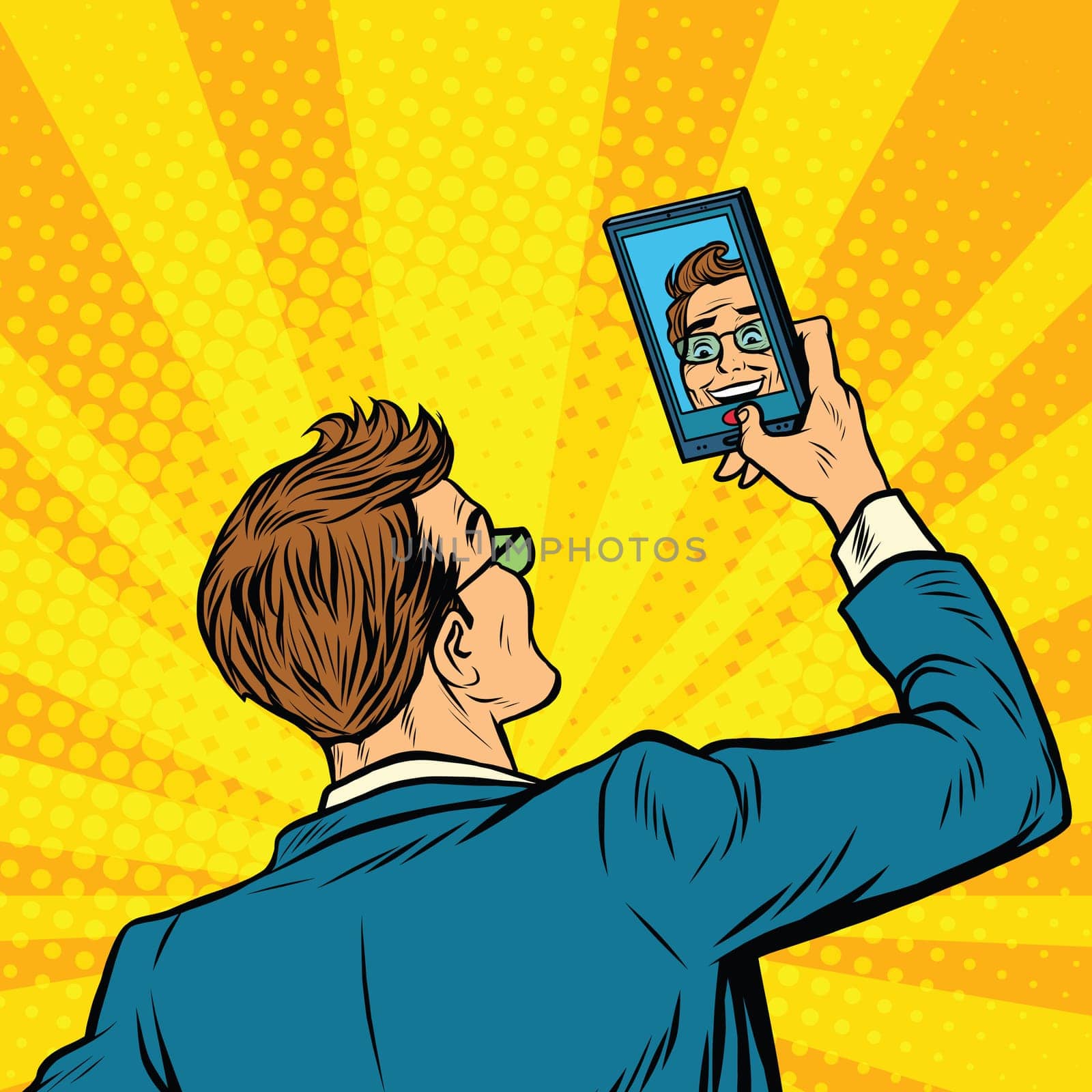 Retro man selfie on smartphone pop art retro vector illustration