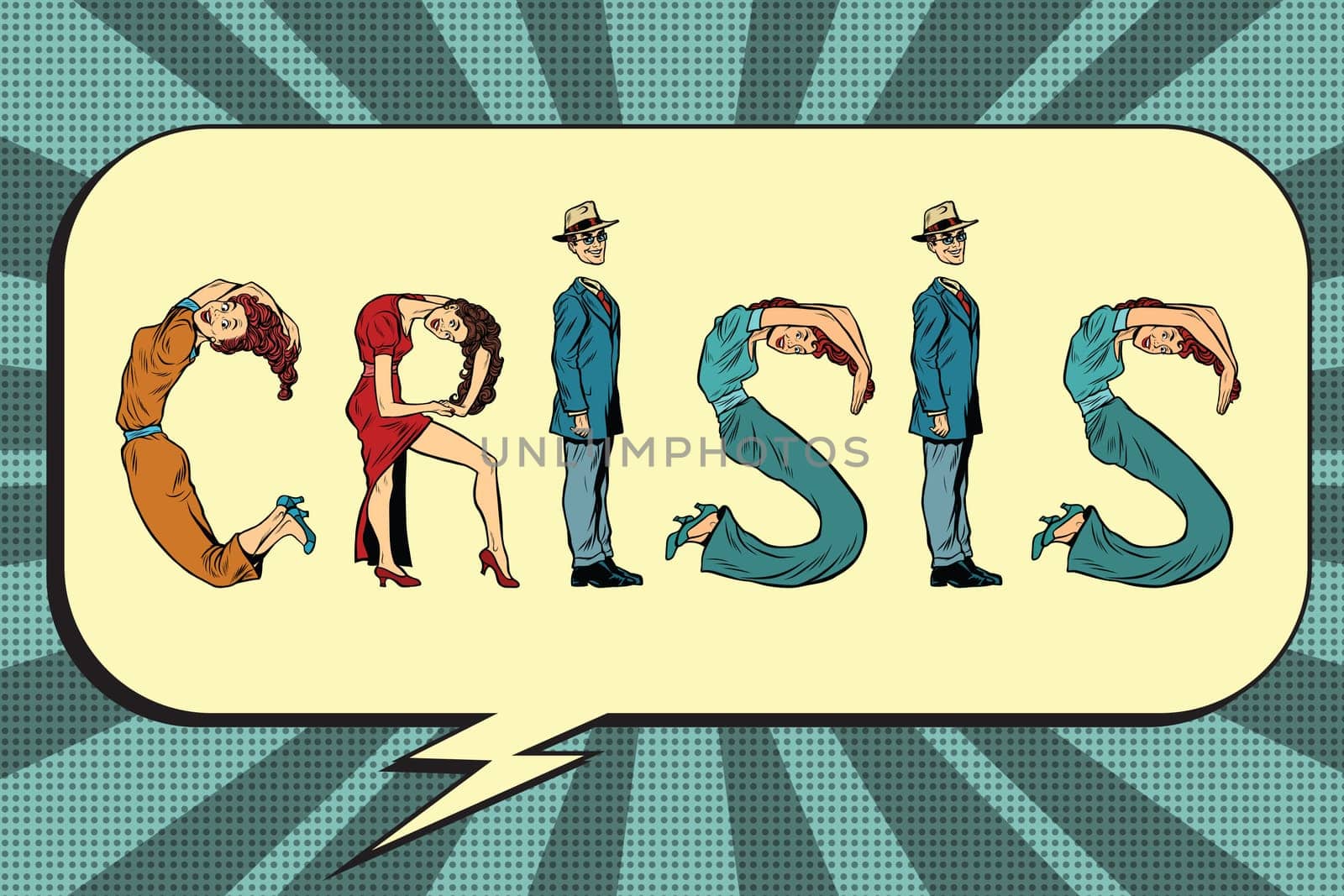 Crisis, letters business people, pop art retro vector illustration. businessman font