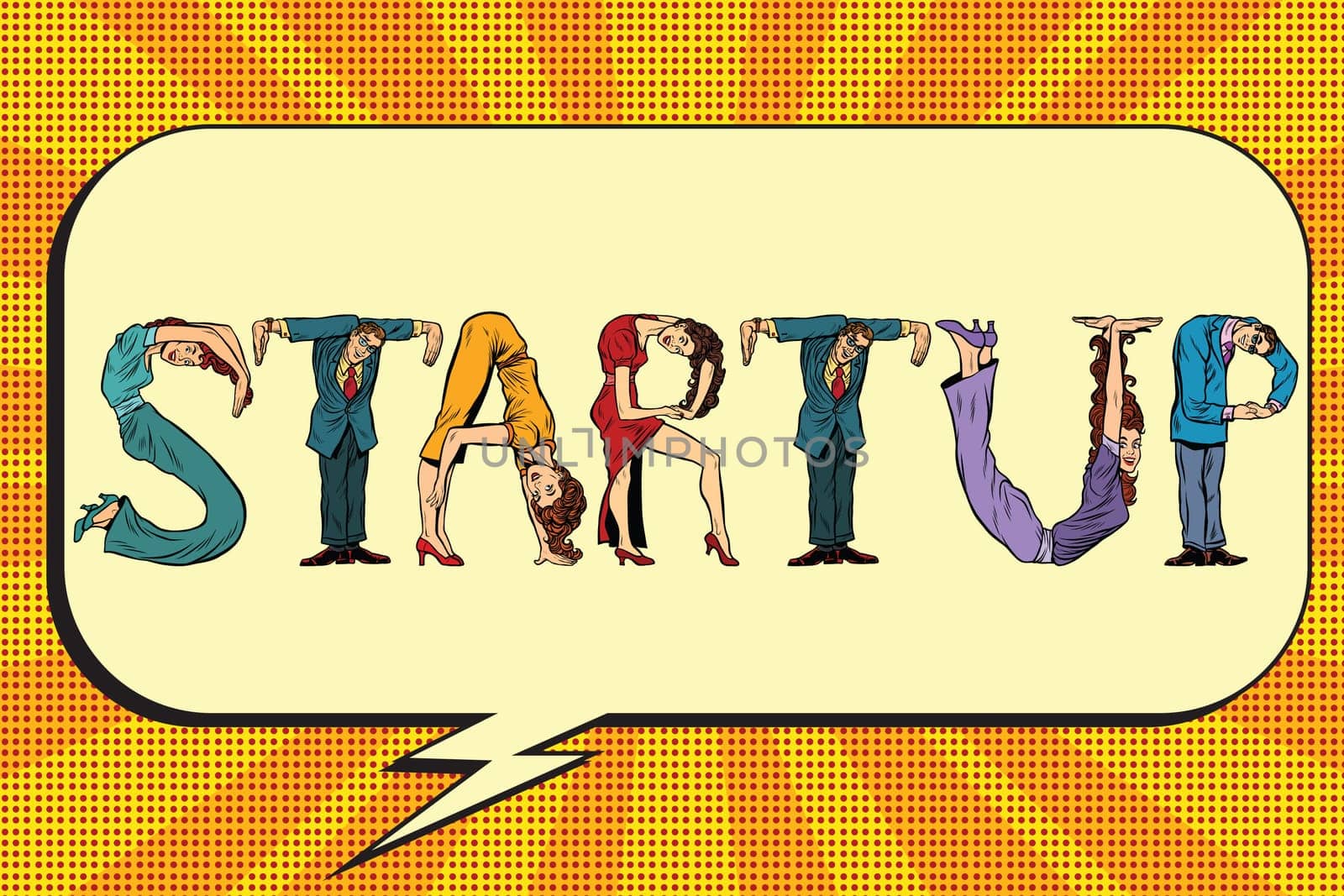Startup, letters business people, pop art retro vector illustration. businessman font