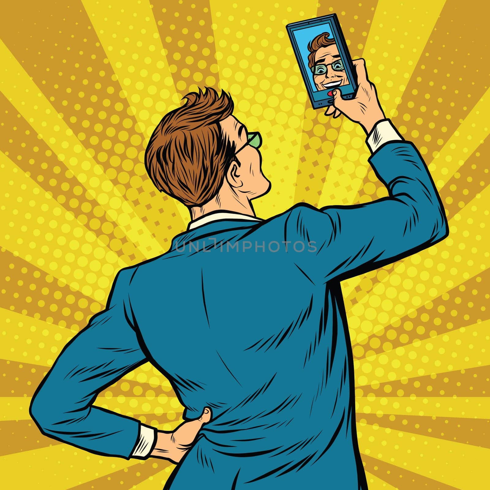 Retro man selfie on smartphone pop art retro vector illustration