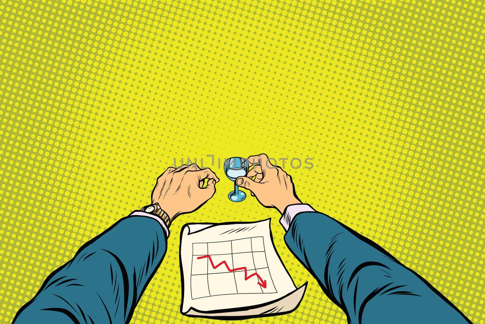 Business is bad, the graph of sales is down, the businessman got drunk, pop art retro vector illustration