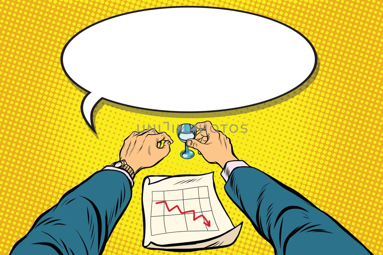 Business is bad, the graph of sales is down, the businessman got drunk, pop art retro vector illustration