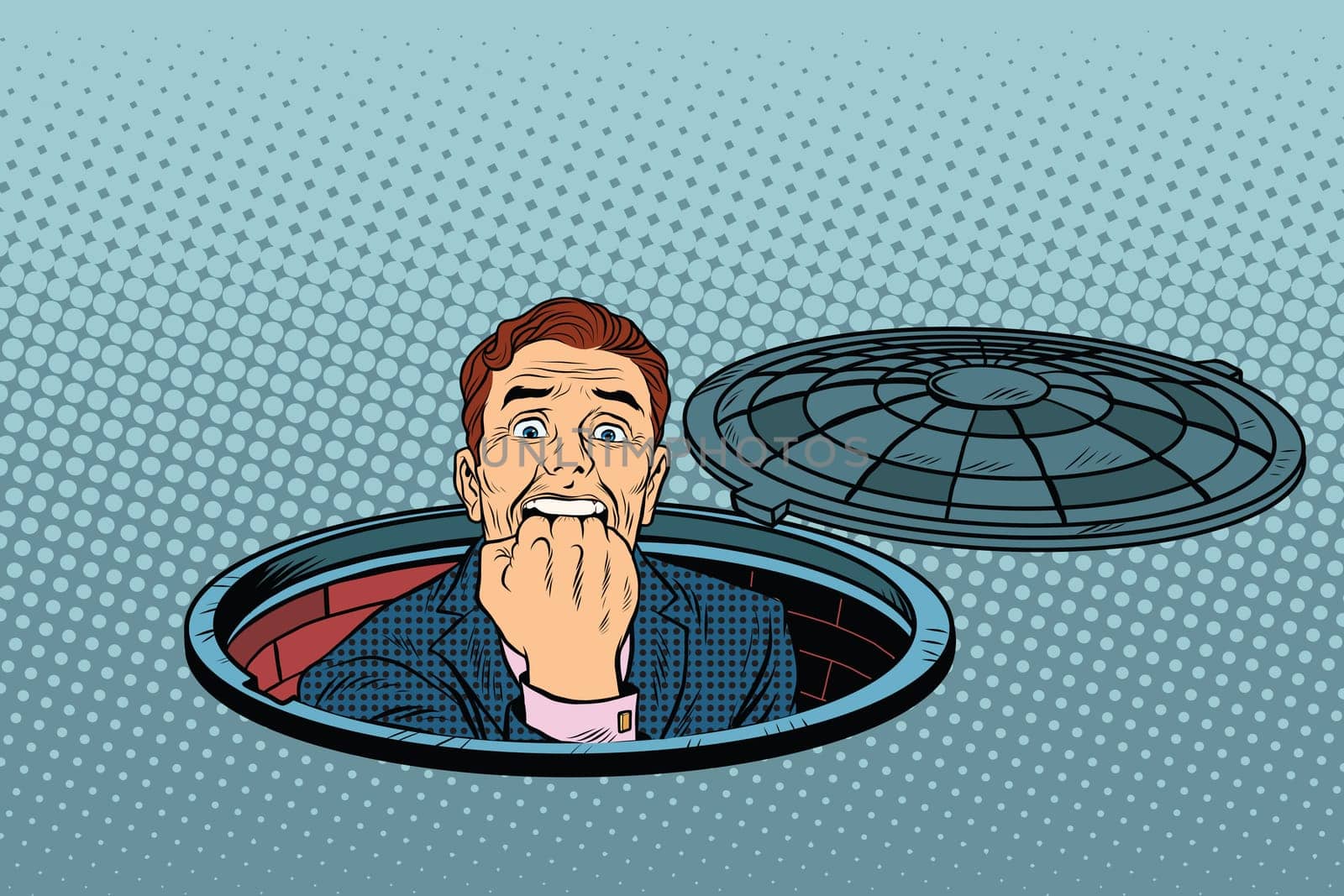 scared retro man in the manhole of the city sewer, pop art retro vector illustration