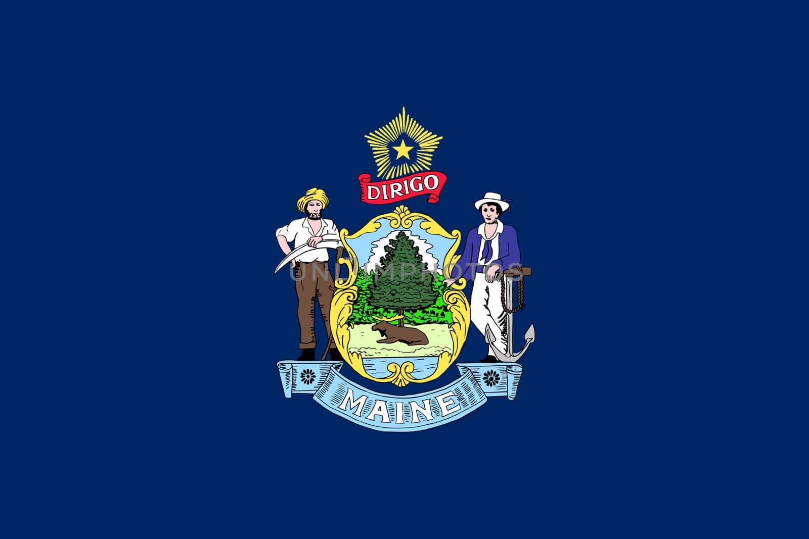 Mainer official flag, symbol. American patriotic element. USA banner. United States of America background. Flag of the US state of Maine in correct size and colors, illustration