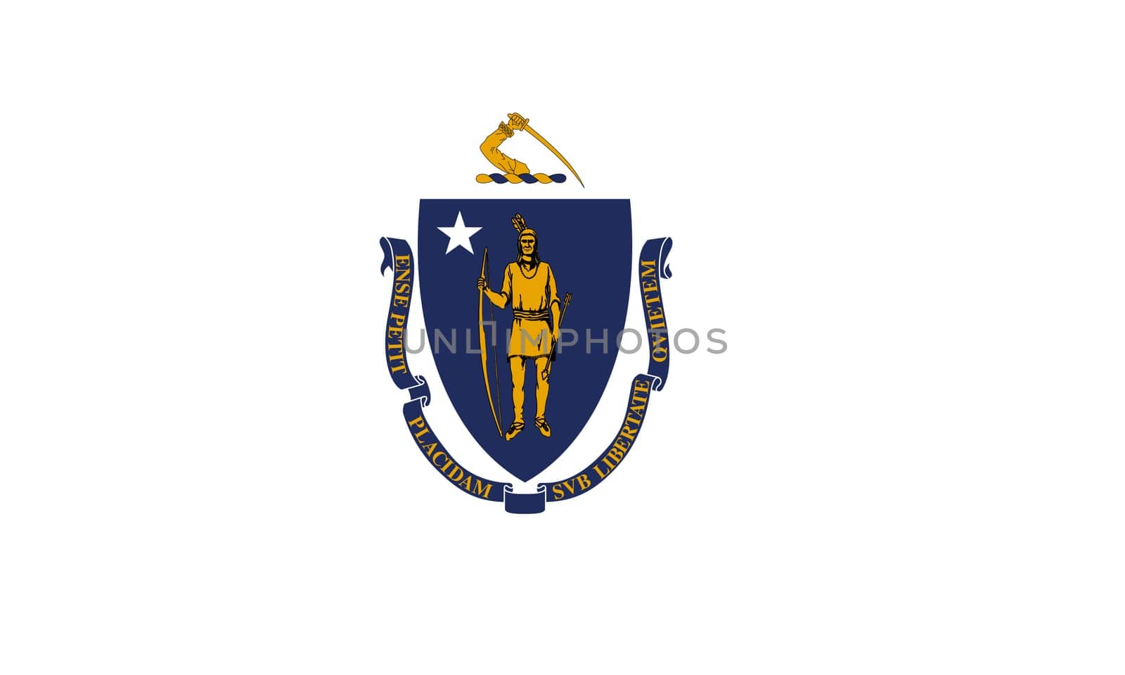 Massachusettsan official flag, symbol. American patriotic element. USA banner. United States of America background. Flag of the US state of Massachusetts in correct size and colors, illustration