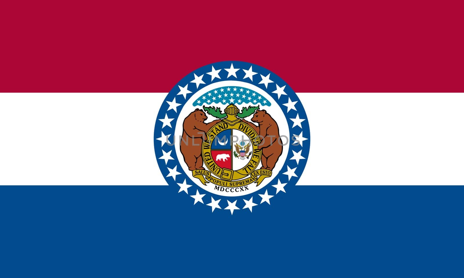 Missourian official flag, symbol. American patriotic element. USA banner. United States of America background. Flag of the US state of Missouri in correct size and colors, illustration