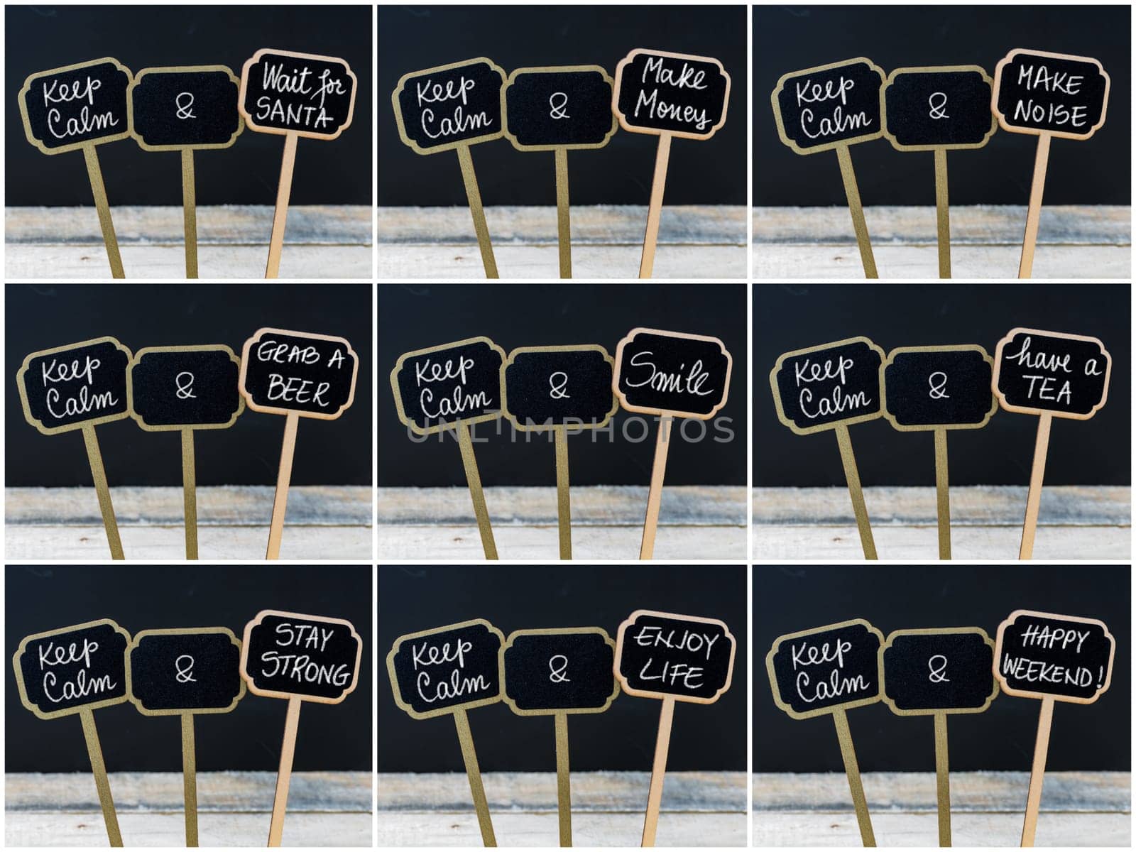 Photo collage of Keep Calm messages written with chalk on mini blackboard labels, defocused chalkboard and wooden table in background. Fun and humor concept