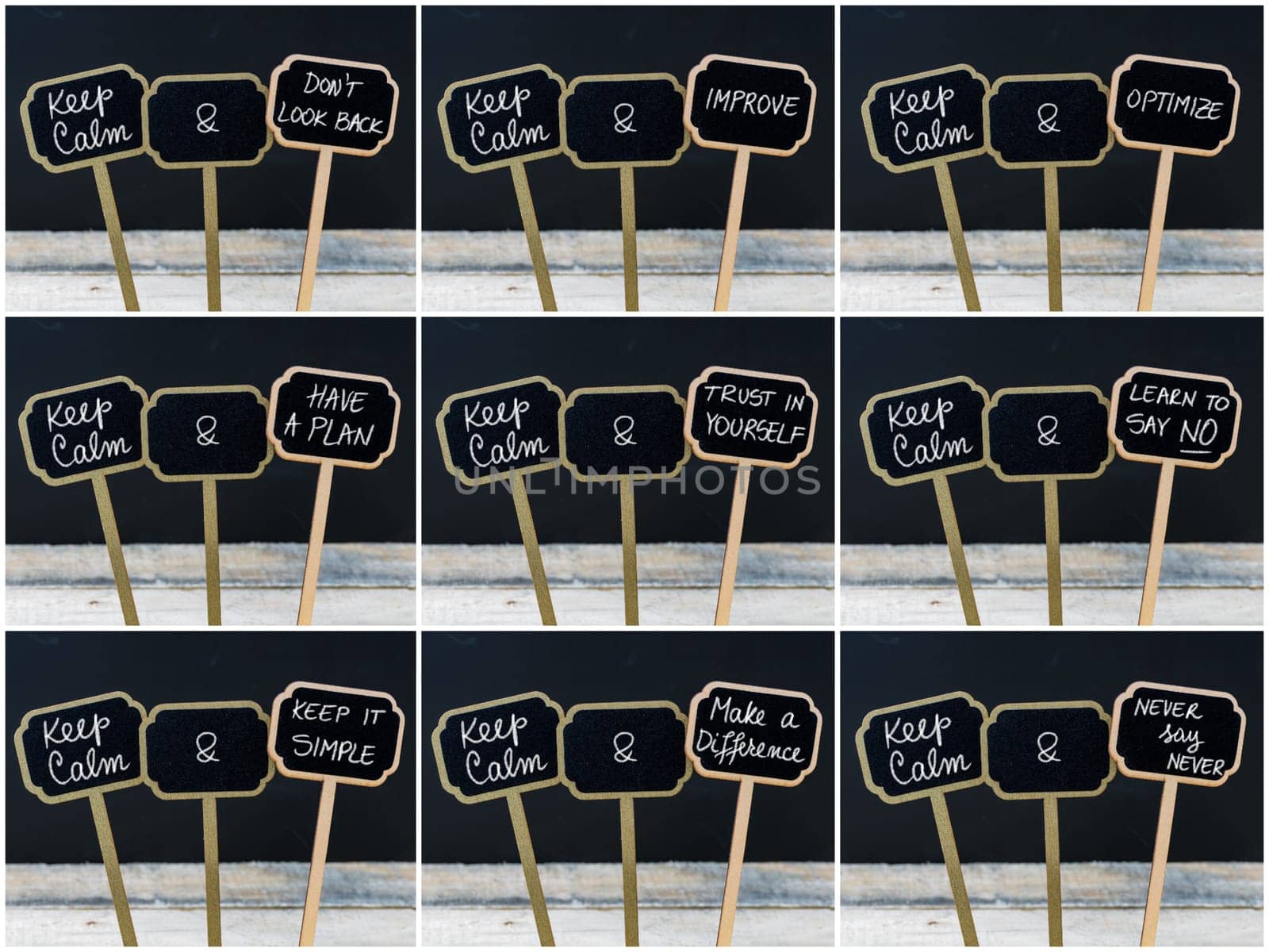 Photo collage of Keep Calm messages written with chalk on mini blackboard labels, defocused chalkboard and wooden table in background. Fun and humor concept