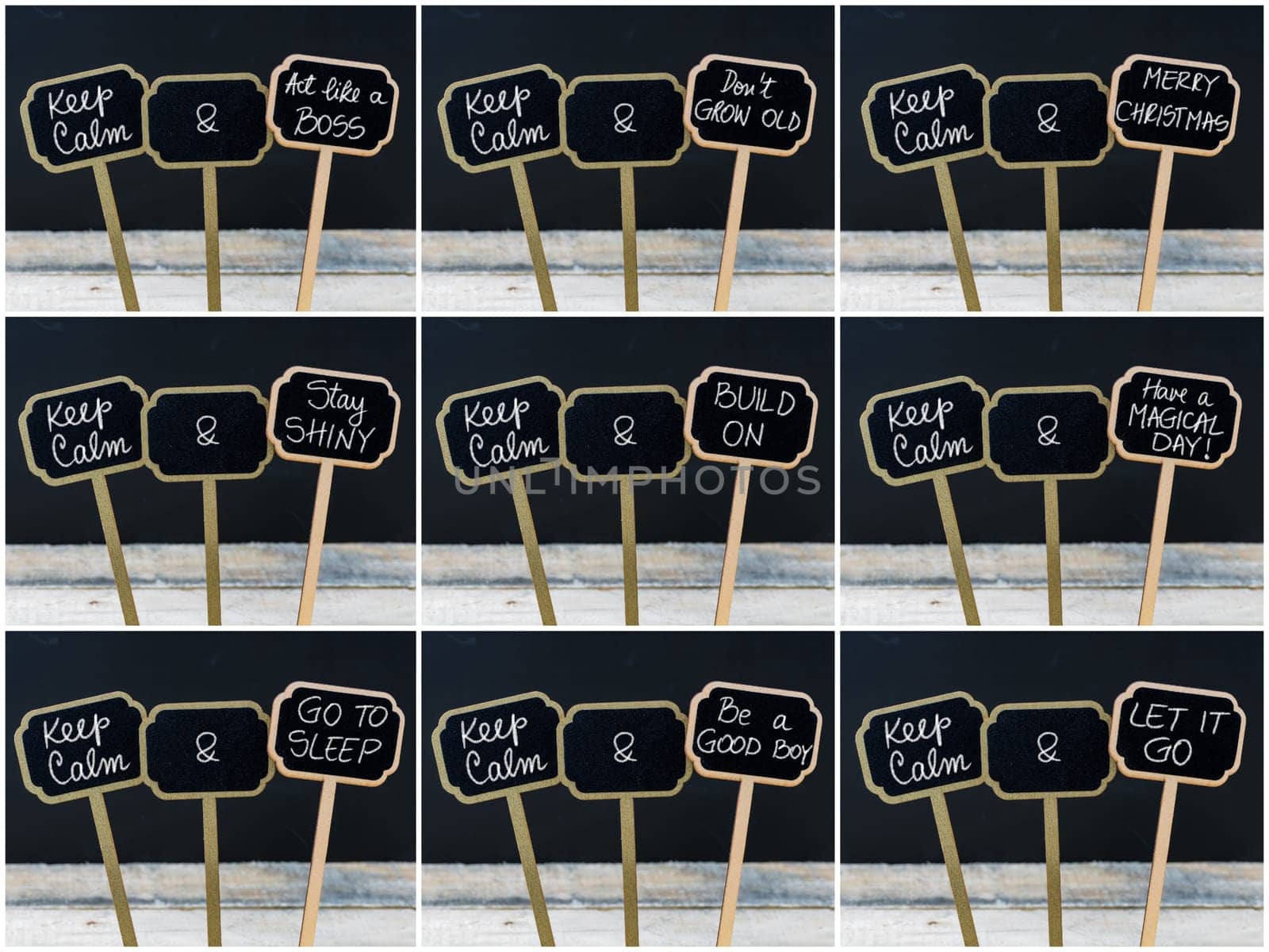 Photo collage of Keep Calm messages written with chalk on mini blackboard labels, defocused chalkboard and wooden table in background. Fun and humor concept
