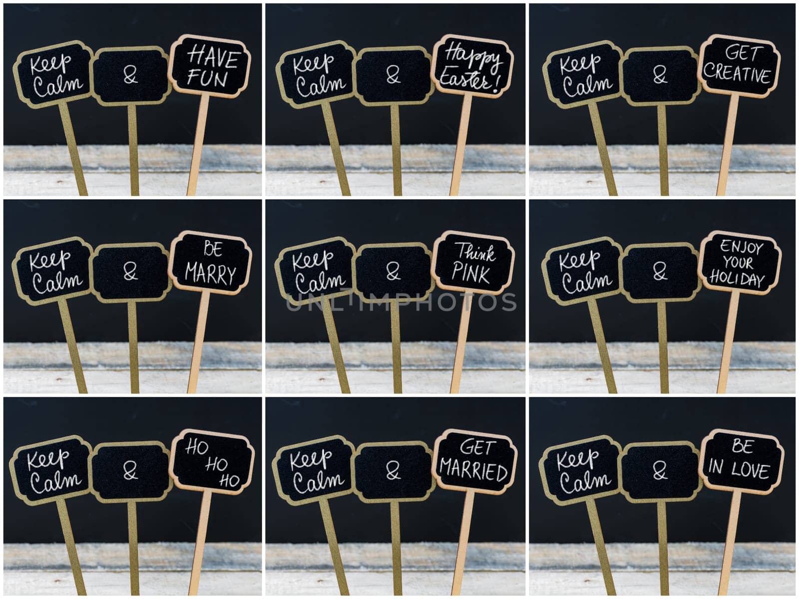 Photo collage of Keep Calm messages written with chalk on mini blackboard labels, defocused chalkboard and wooden table in background. Fun and humor concept