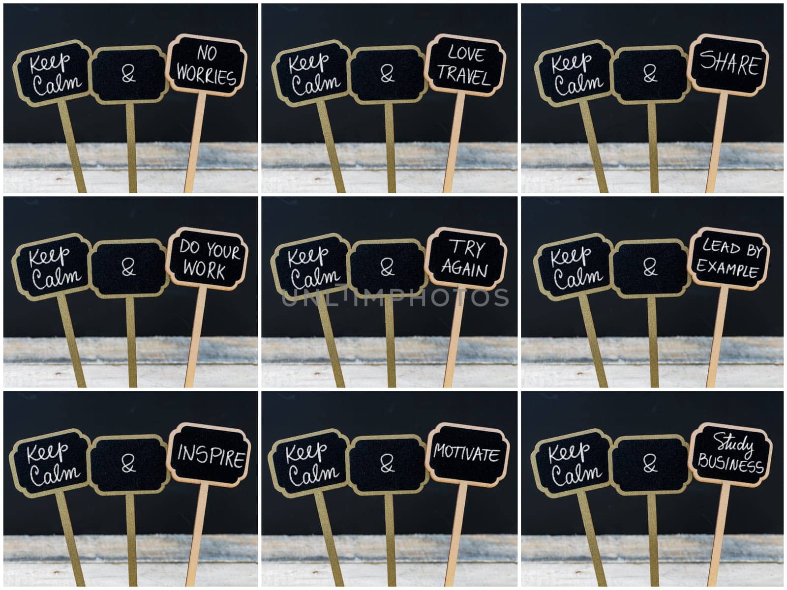 Photo collage of Keep Calm messages written with chalk on mini blackboard labels, defocused chalkboard and wooden table in background. Fun and humor concept