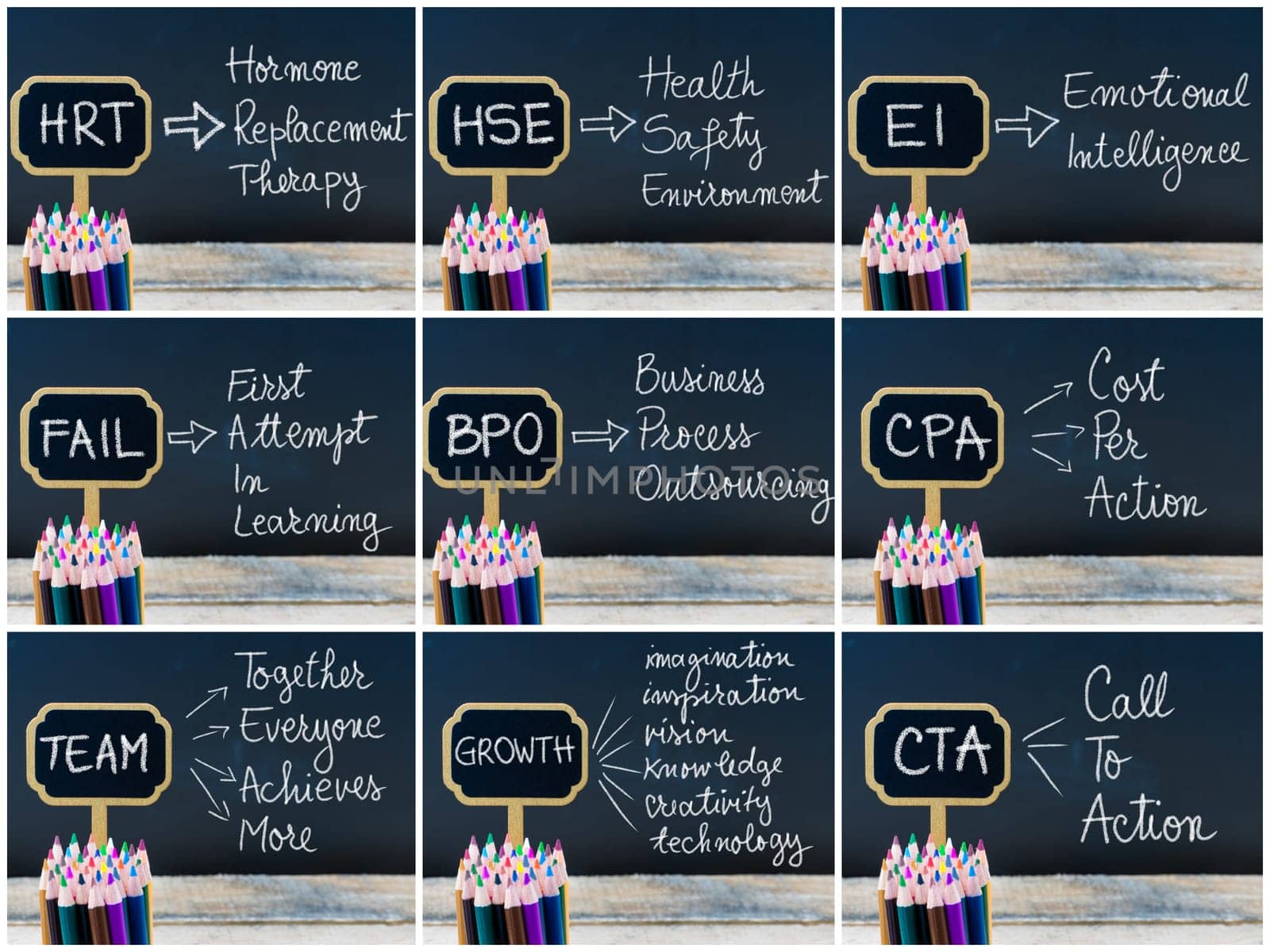 Photo collage of business acronyms written with chalk on wooden mini blackboard labels and chalkboard background.