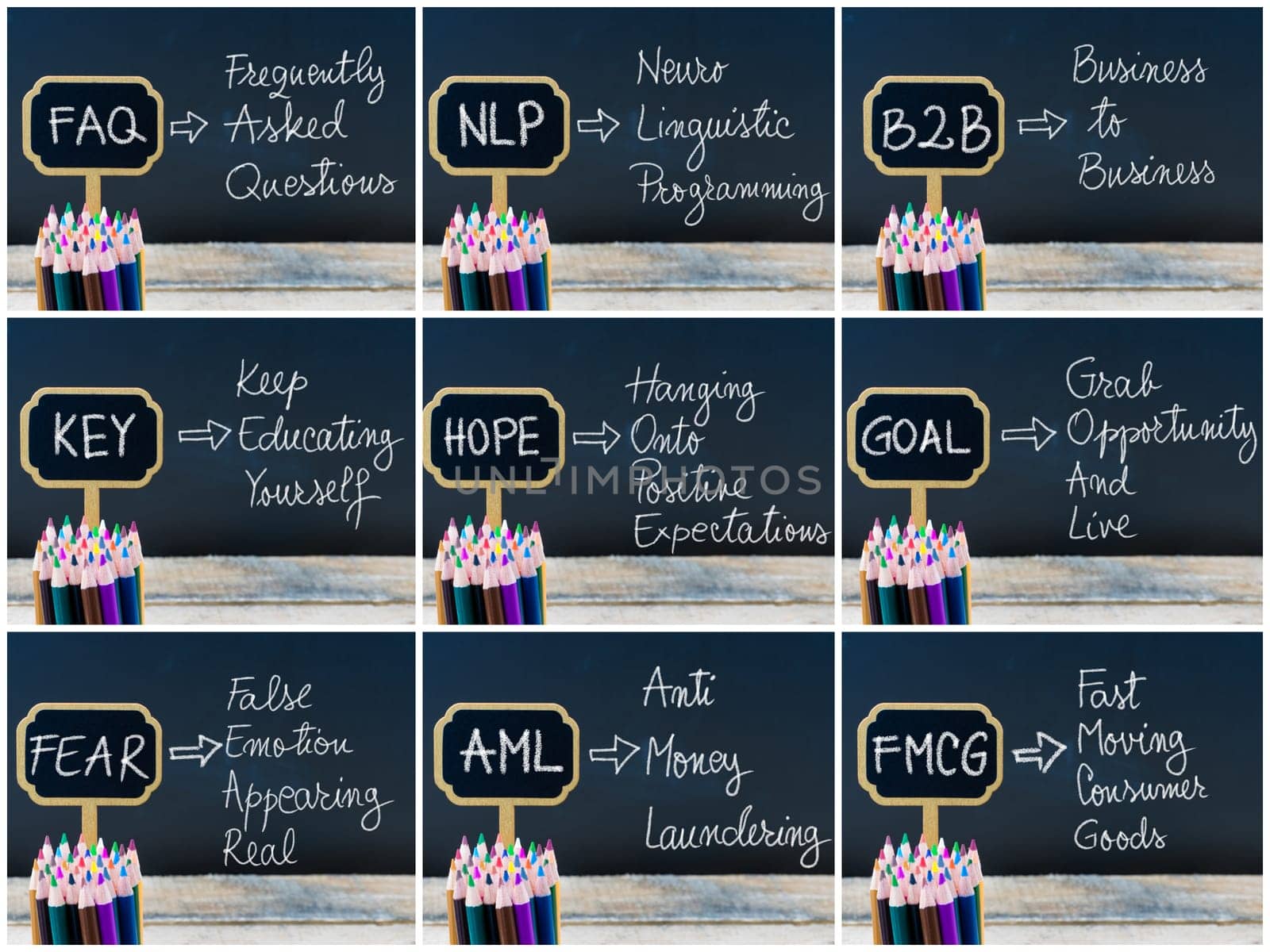 Photo collage of business acronyms written with chalk on wooden mini blackboard labels and chalkboard background.