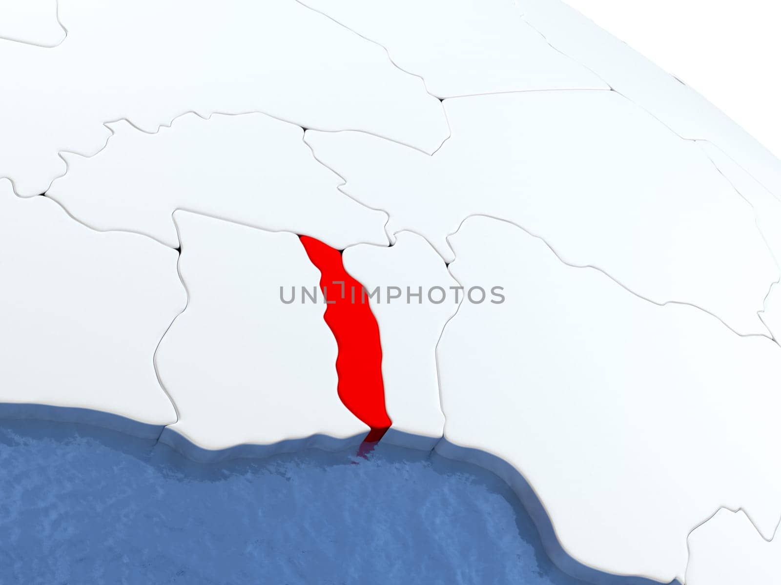 Map of Togo on globe with metallic land and realistic water. 3D illustration