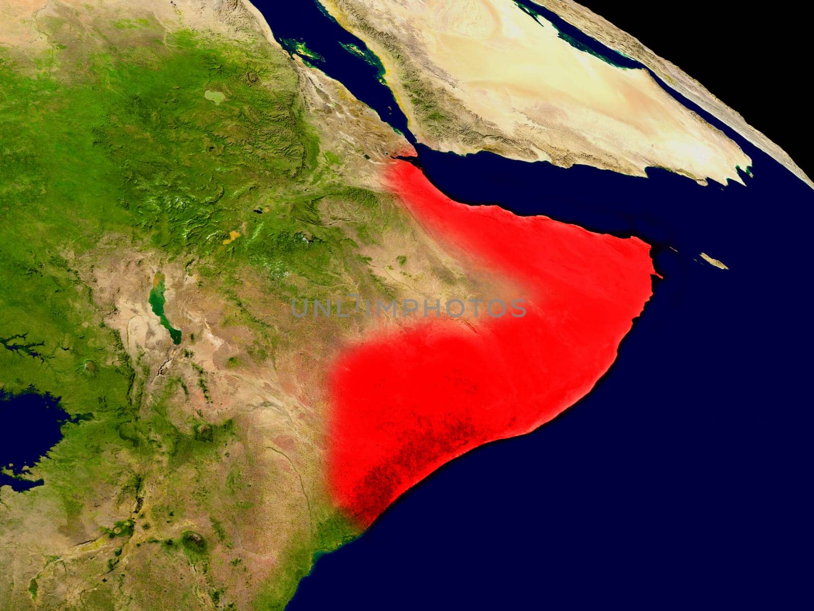 Somalia from space in red. 3D illustration with highly detailed realistic planet surface. Elements of this image furnished by NASA.