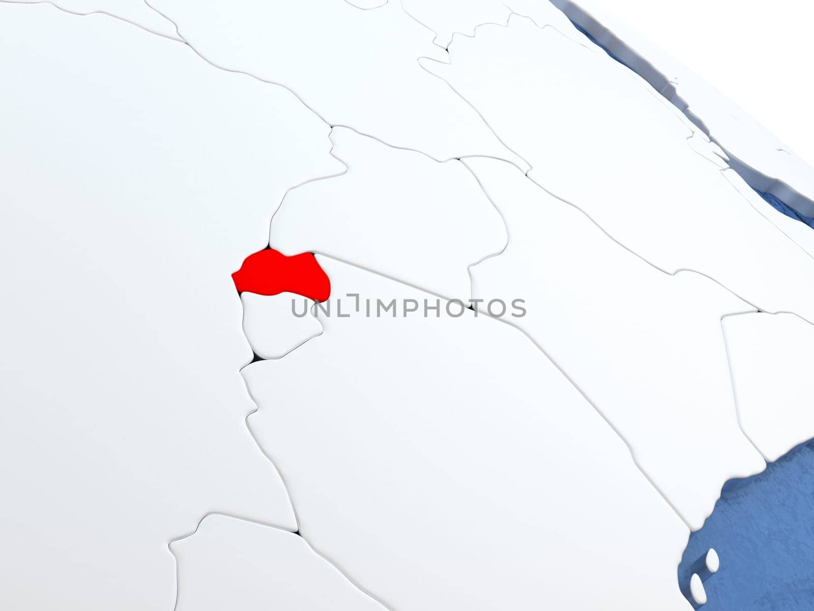 Map of Rwanda on globe with metallic land and realistic water. 3D illustration