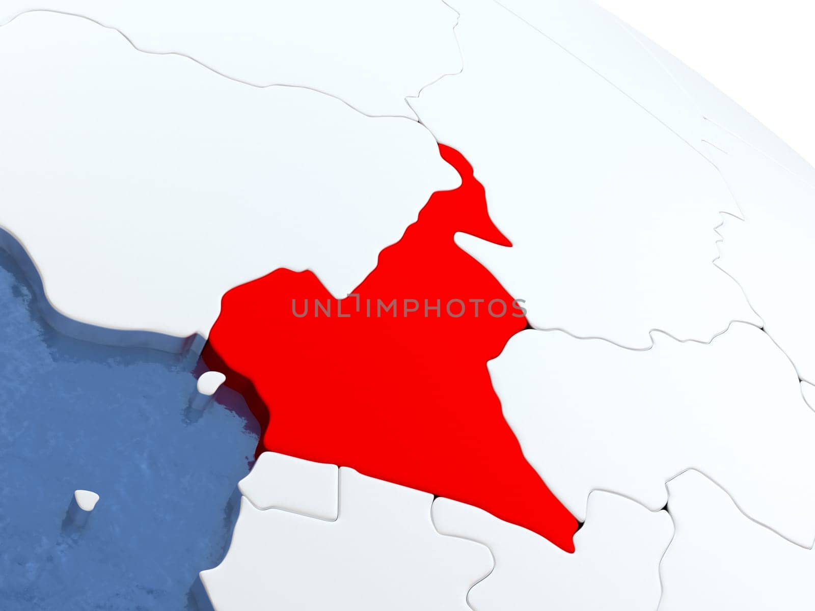 Map of Cameroon on globe with metallic land and realistic water. 3D illustration