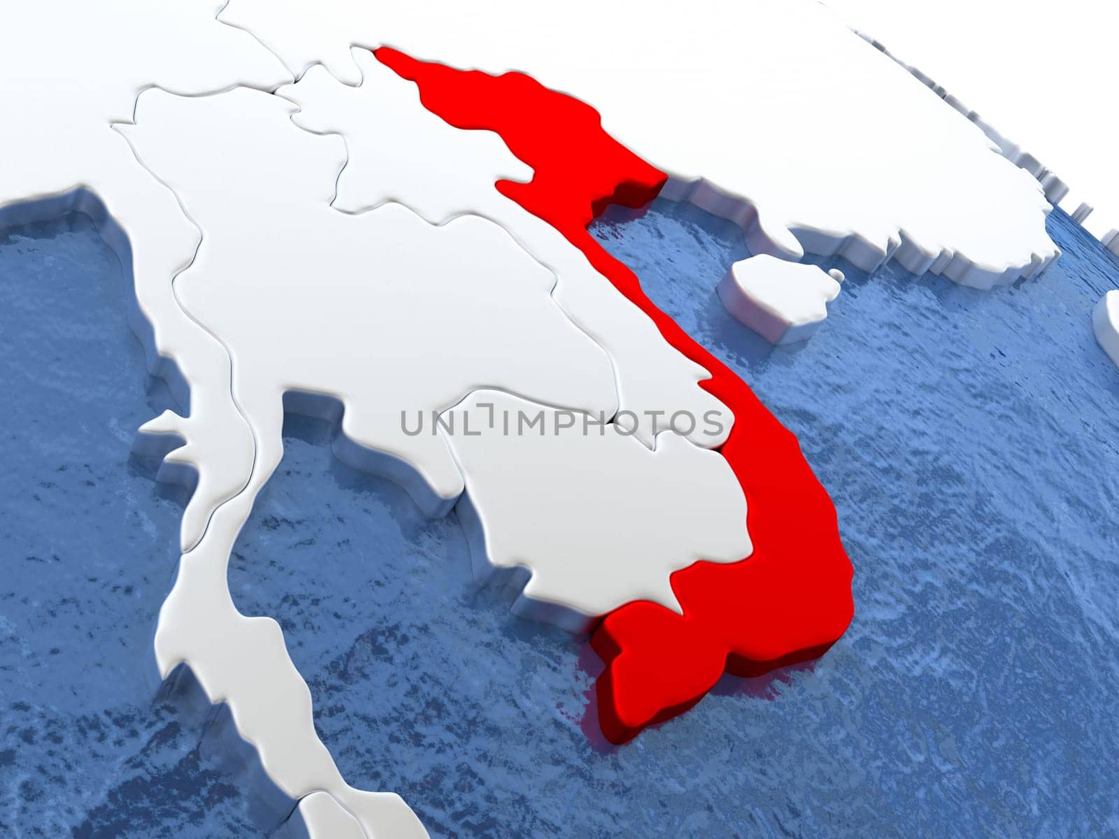 Map of Vietnam on globe with metallic land and realistic water. 3D illustration
