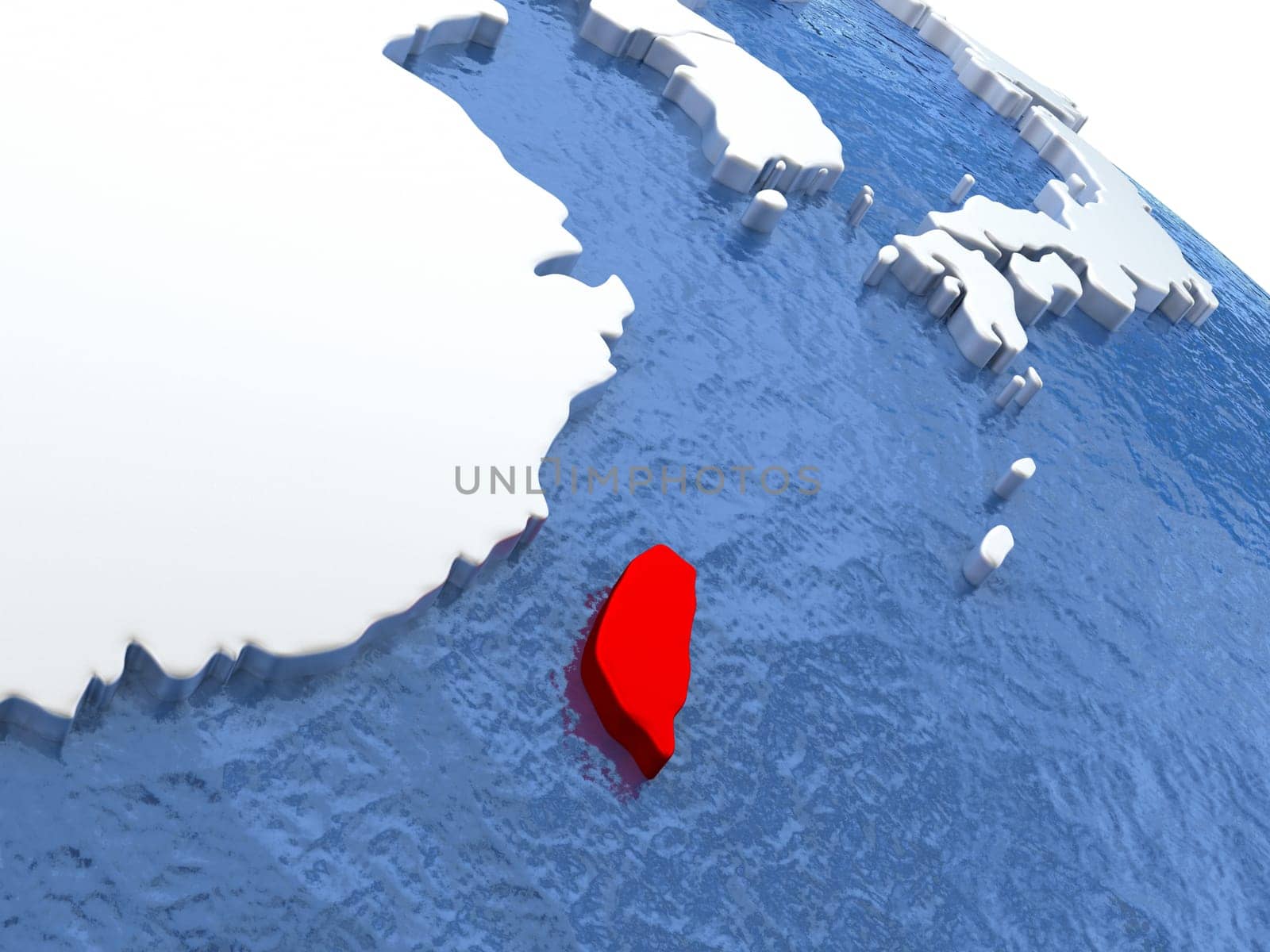 Map of Taiwan on globe with metallic land and realistic water. 3D illustration