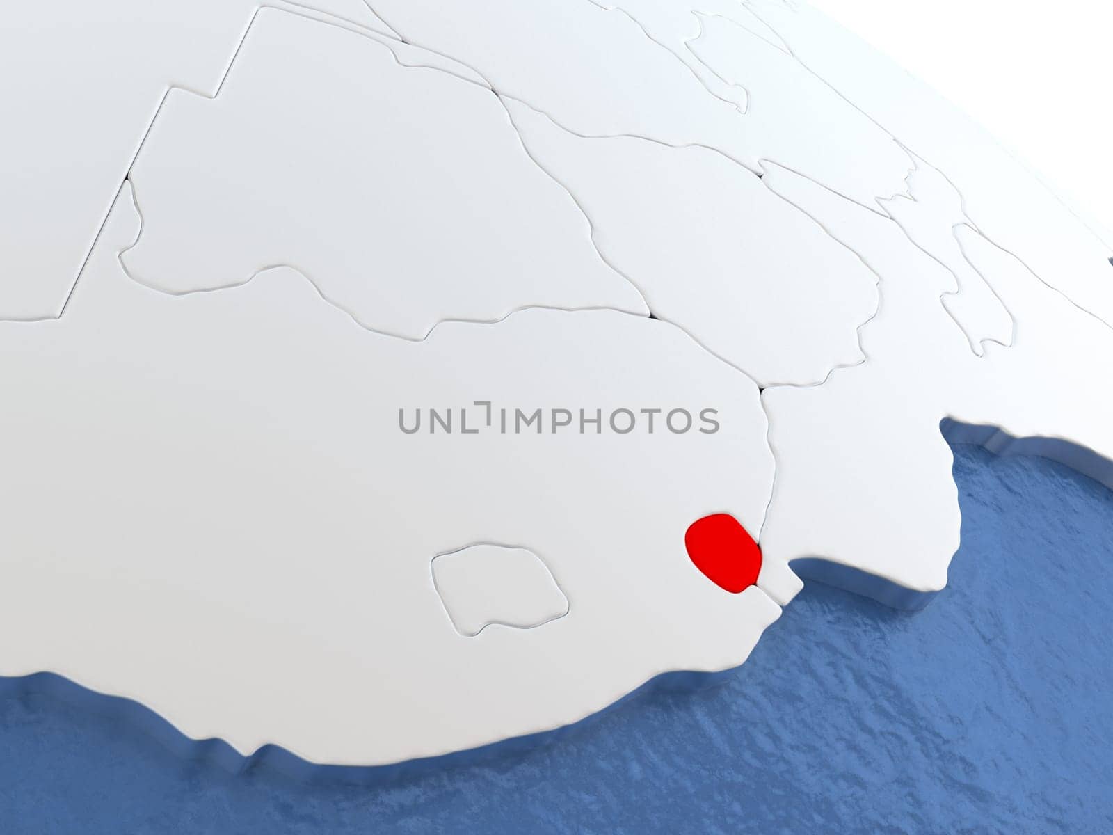 Map of Swaziland on globe with metallic land and realistic water. 3D illustration