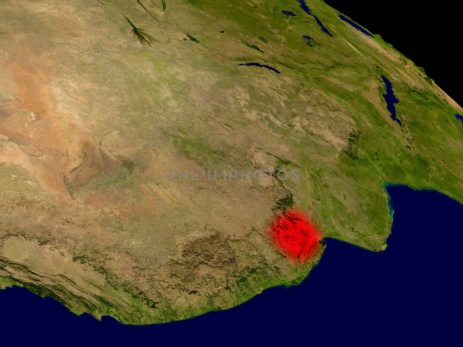 Swaziland from space in red. 3D illustration with highly detailed realistic planet surface. Elements of this image furnished by NASA.