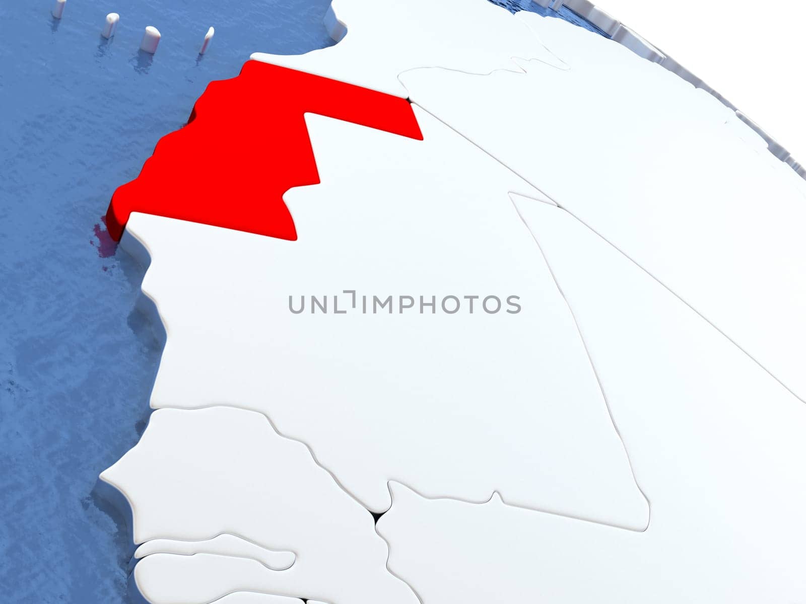 Map of Western Sahara on globe with metallic land and realistic water. 3D illustration