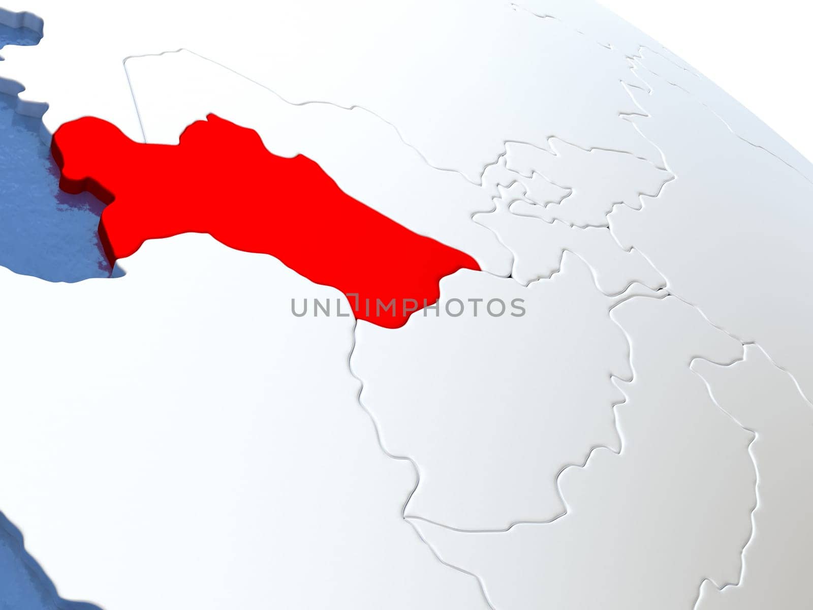 Map of Turkmenistan on globe with metallic land and realistic water. 3D illustration