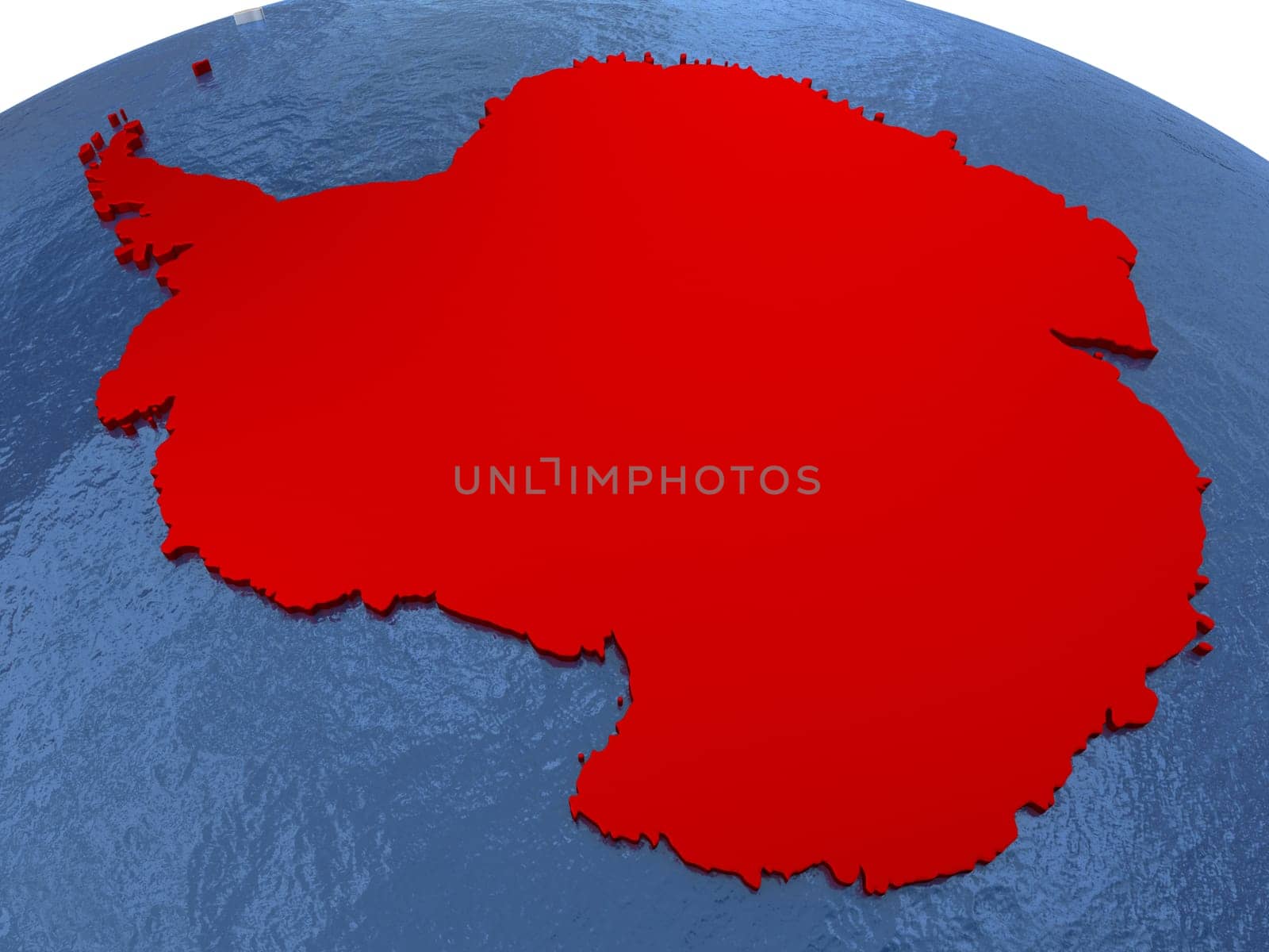 Map of Antarctica on globe with metallic land and realistic water. 3D illustration