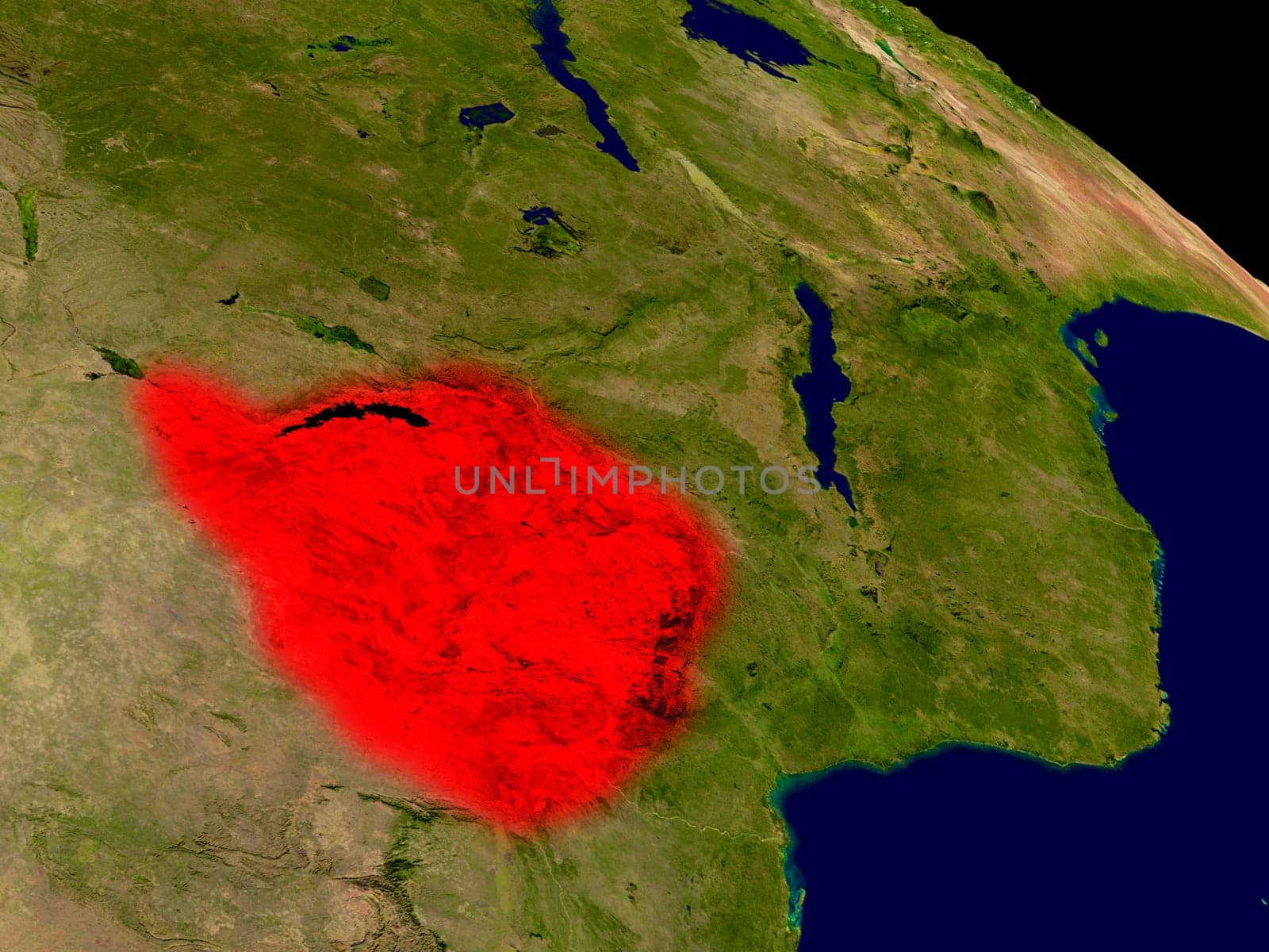 Zimbabwe from space in red. 3D illustration with highly detailed realistic planet surface. Elements of this image furnished by NASA.