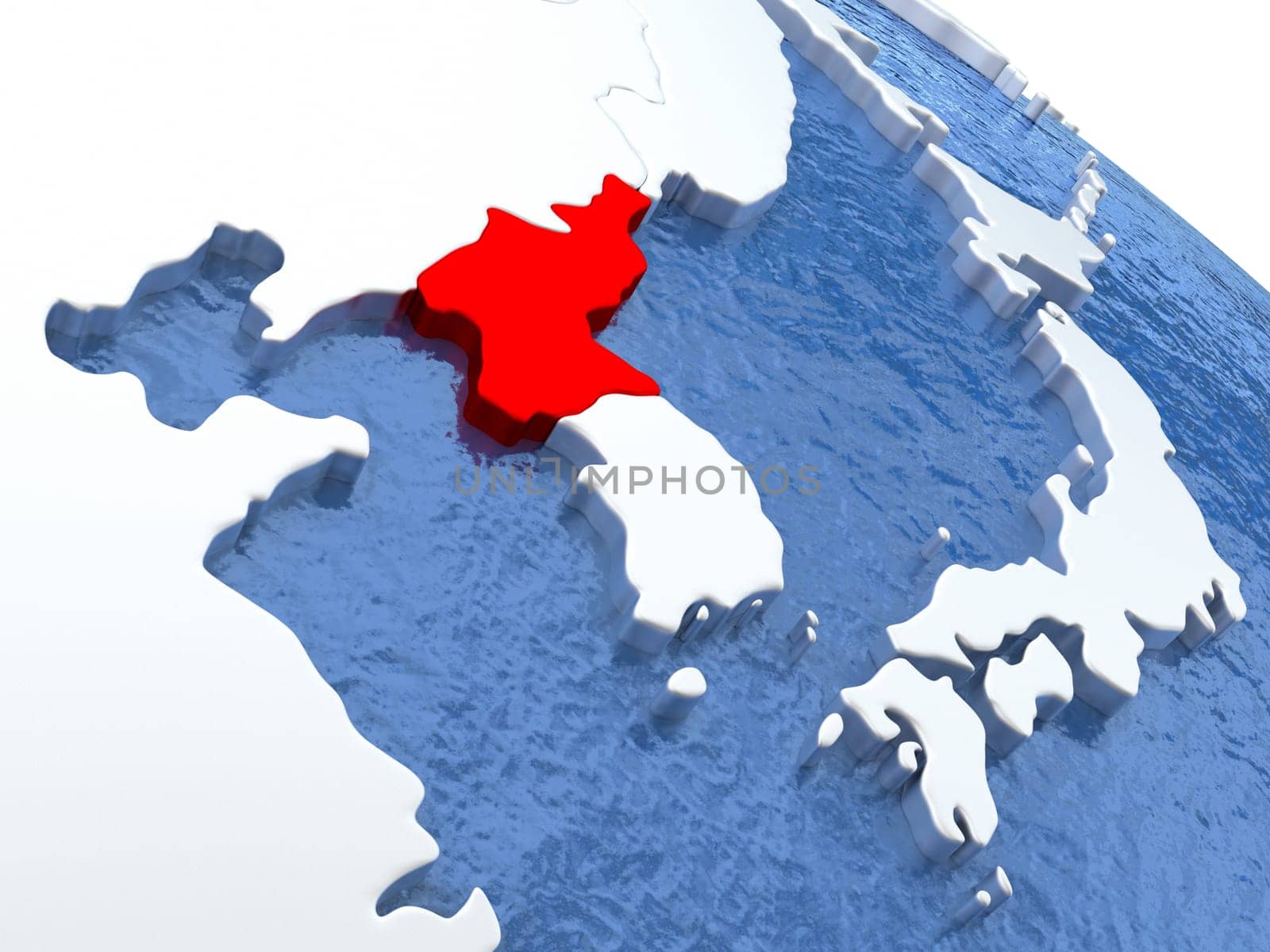 Map of North Korea on globe with metallic land and realistic water. 3D illustration