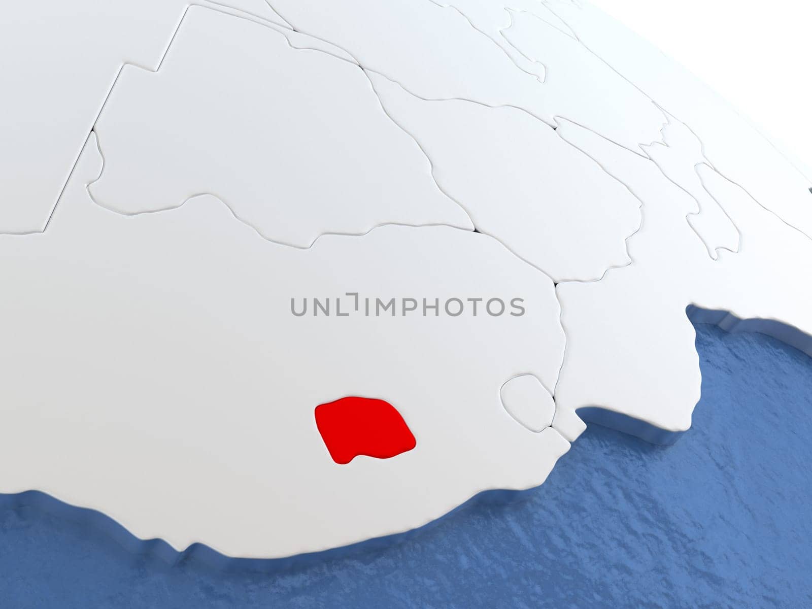 Map of Lesotho on globe with metallic land and realistic water. 3D illustration