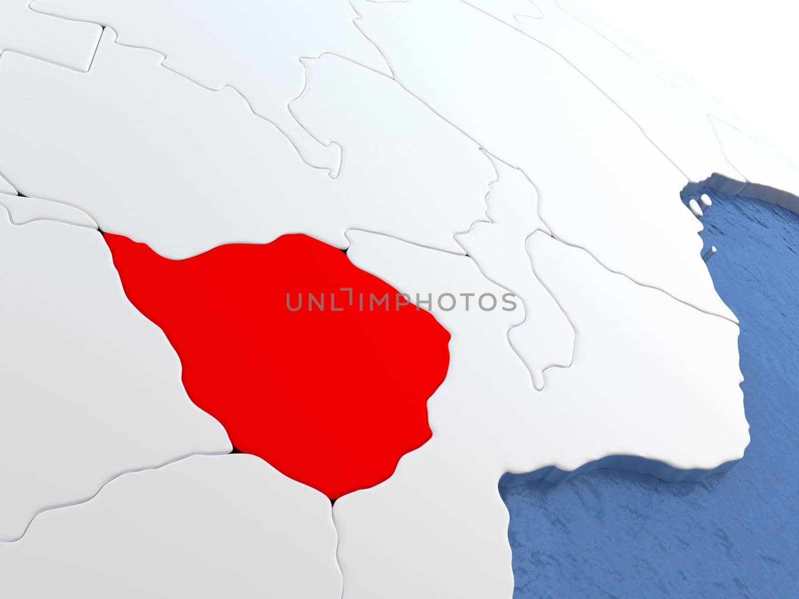 Map of Zimbabwe on globe with metallic land and realistic water. 3D illustration