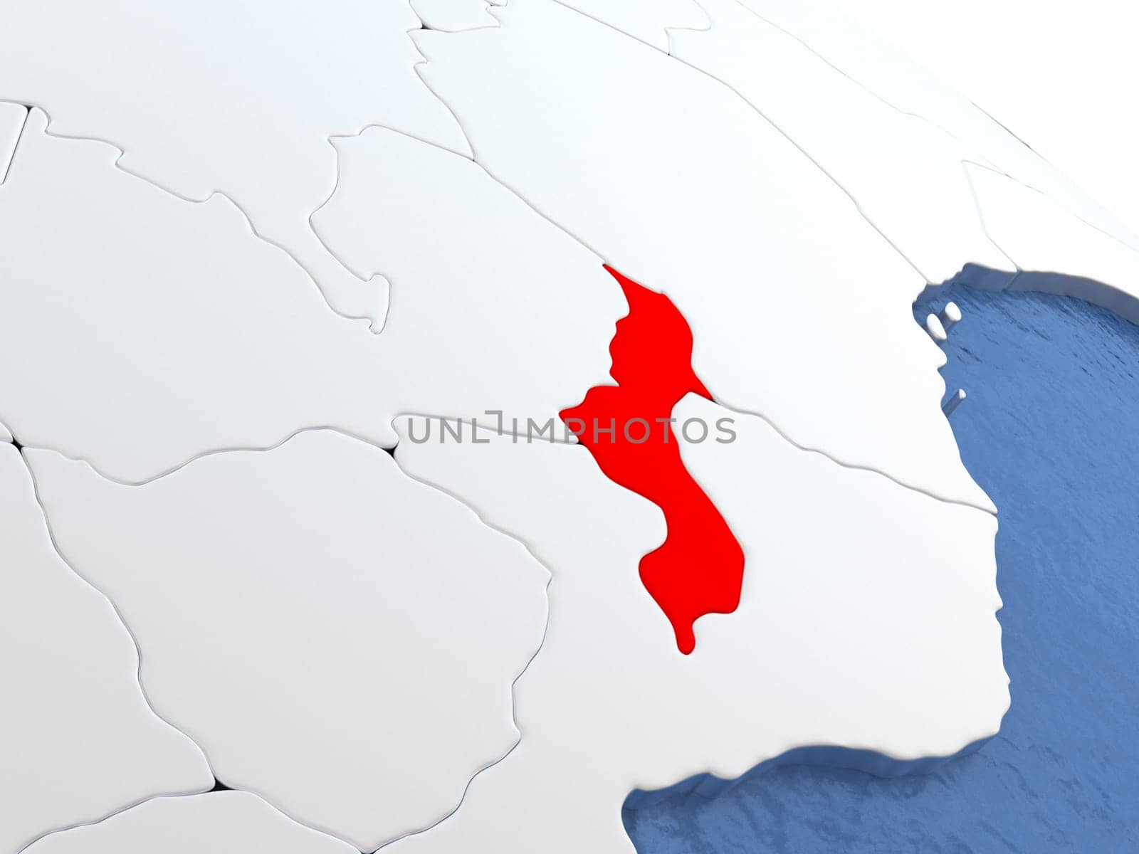 Map of Malawi on globe with metallic land and realistic water. 3D illustration