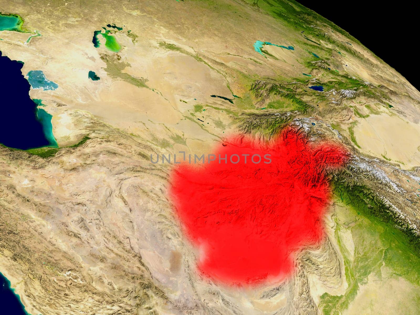 Afghanistan from space in red. 3D illustration with highly detailed realistic planet surface. Elements of this image furnished by NASA.