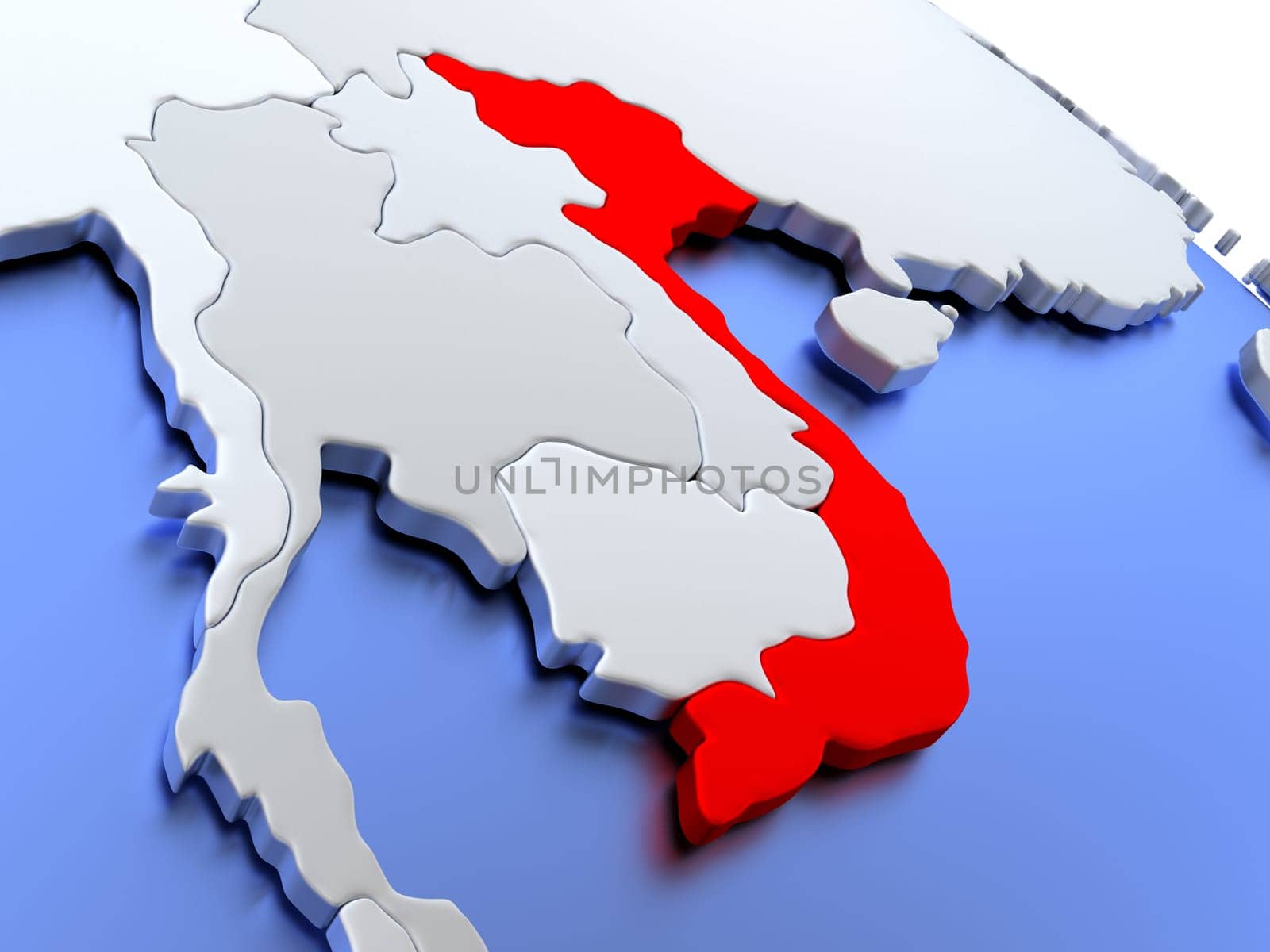 Map of Vietnam on elegant silver 3D globe with blue oceans. 3D illustration
