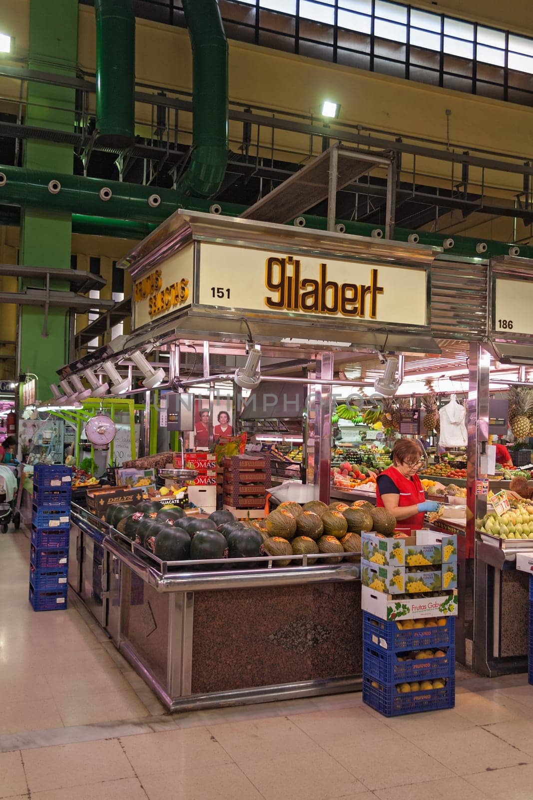 Sale stand in the market hall of Russafa in Valencia, Spain
