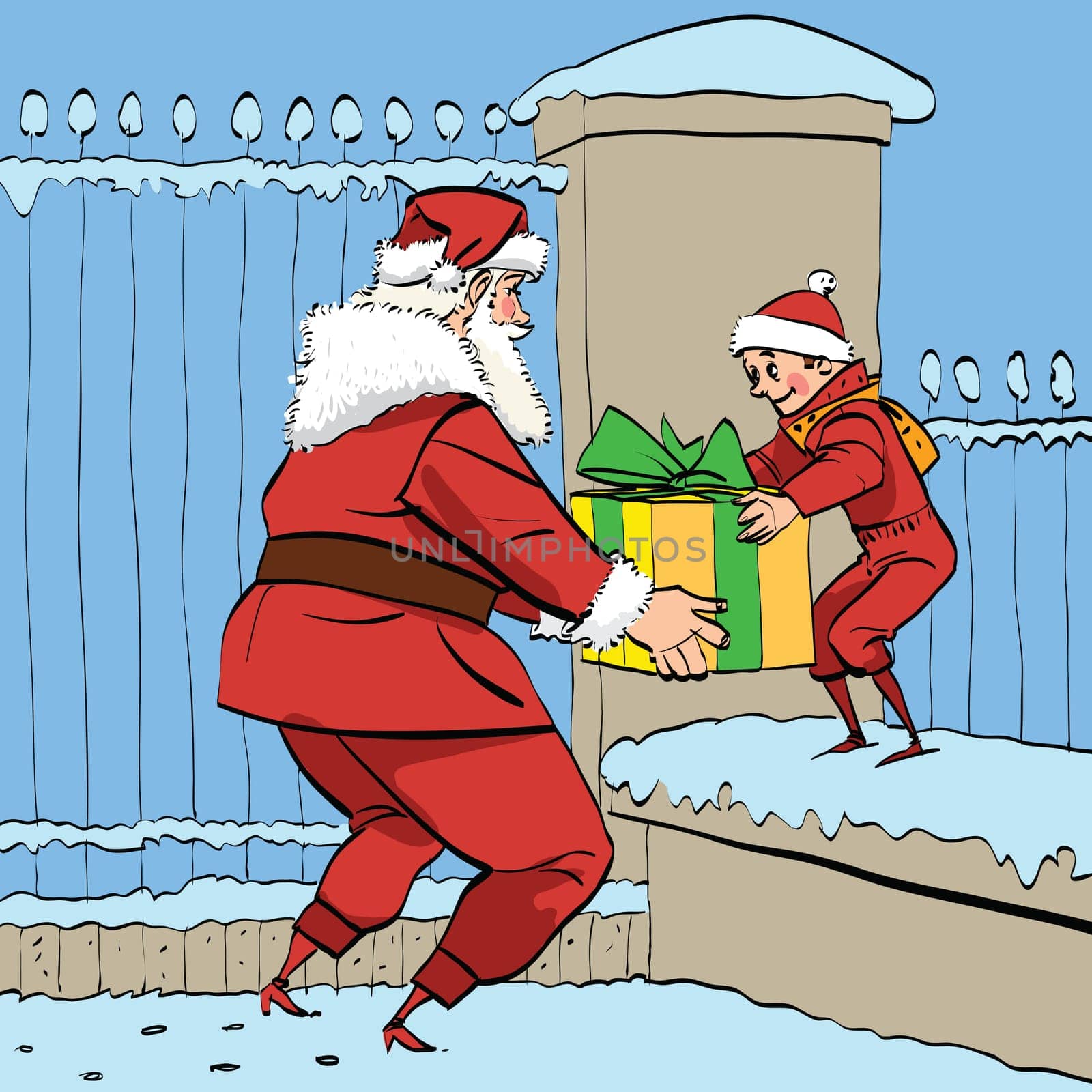 Santa Claus gives the boy a box of gifts, comic book retro illustration. Christmas and New year. On the background of the fence