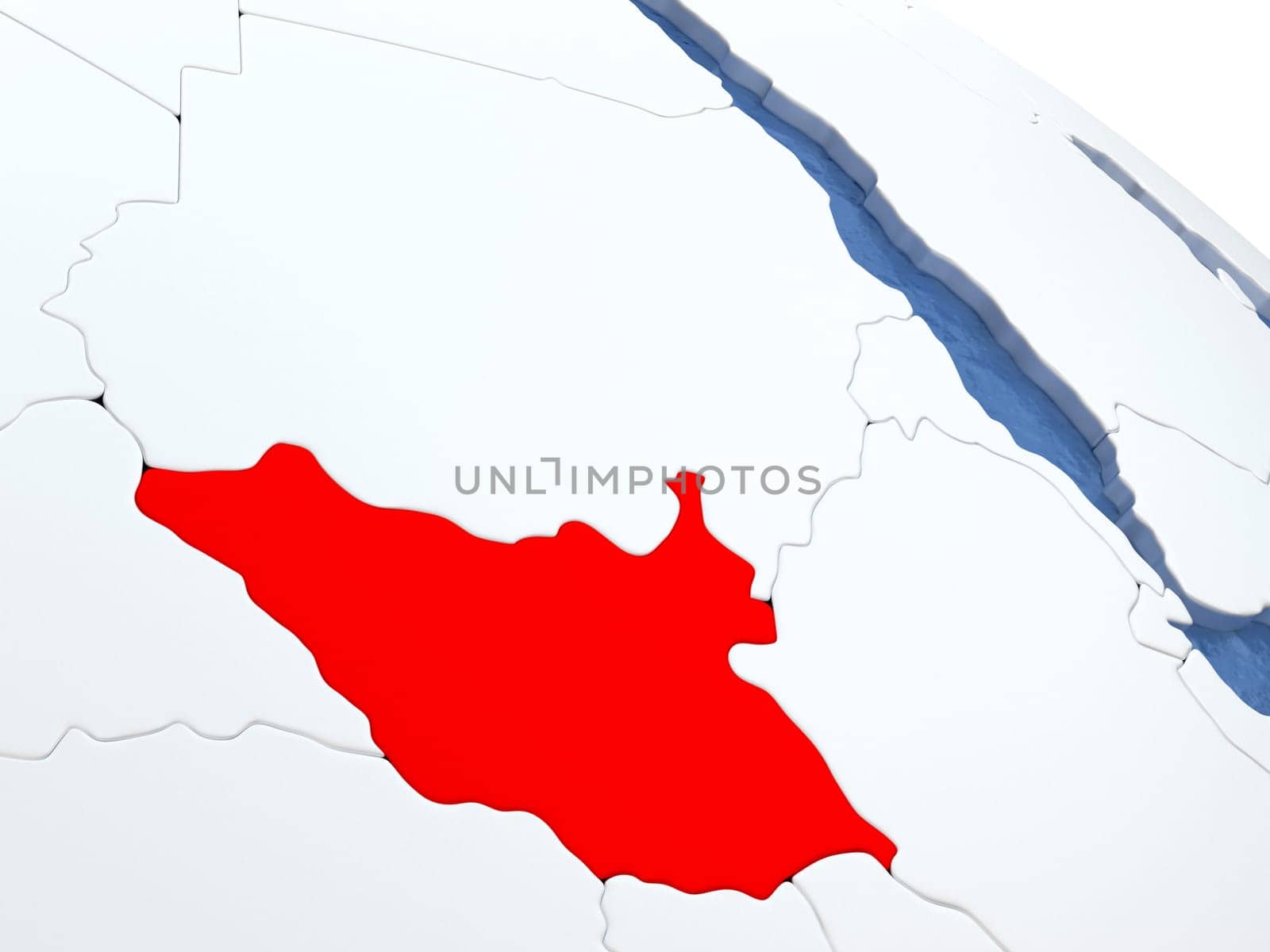 Map of South Sudan on globe with metallic land and realistic water. 3D illustration