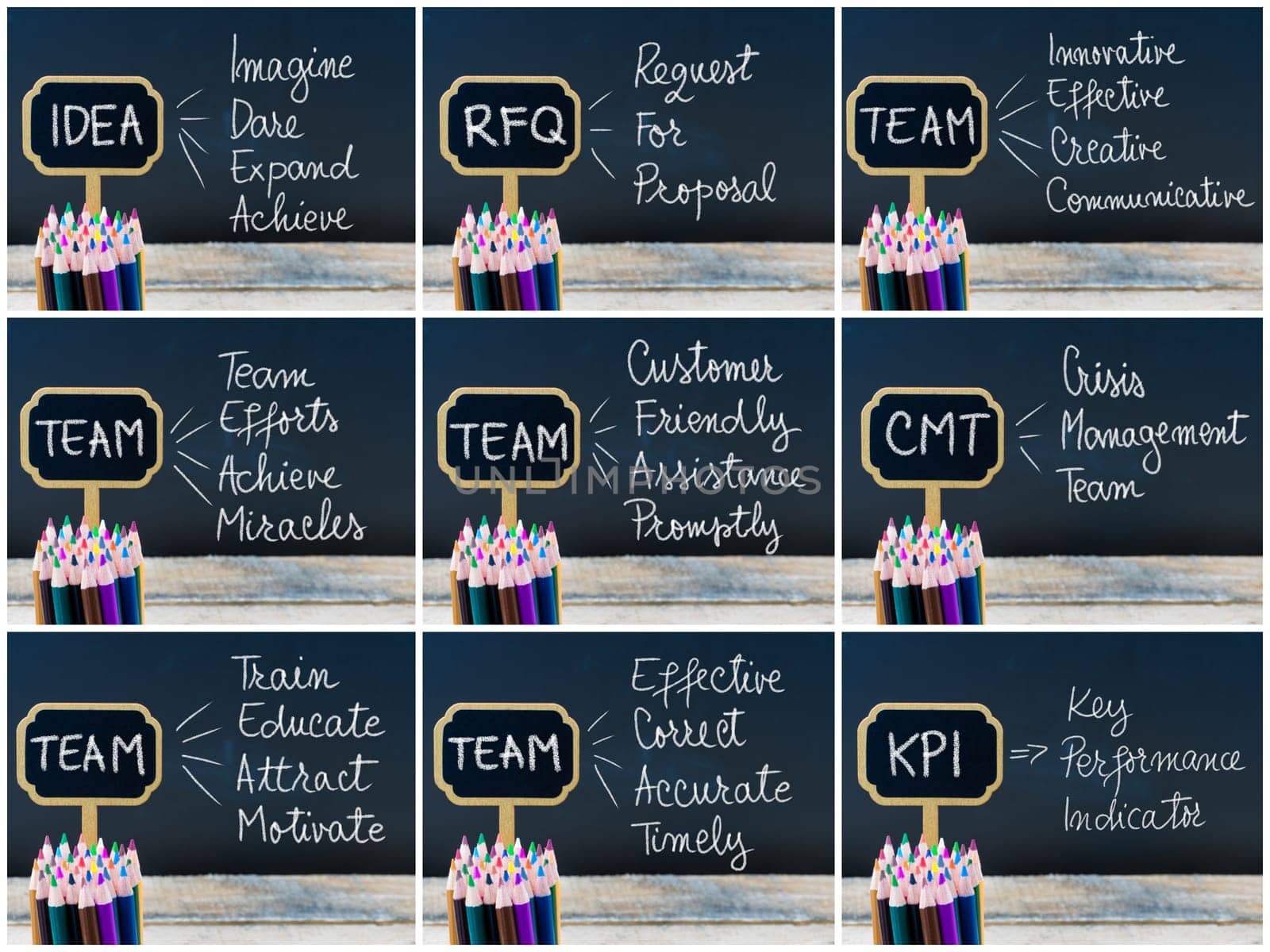 Photo collage of business acronyms written with chalk on wooden mini blackboard labels and chalkboard background.