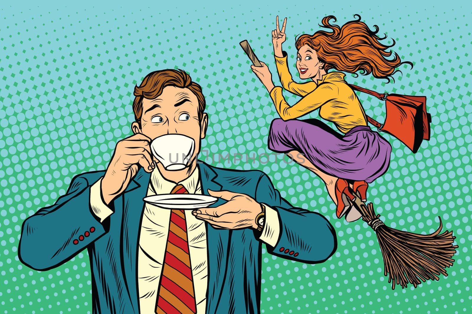 Retro man sees a woman cheerful witch, pop art retro vector illustration. Halloween is coming