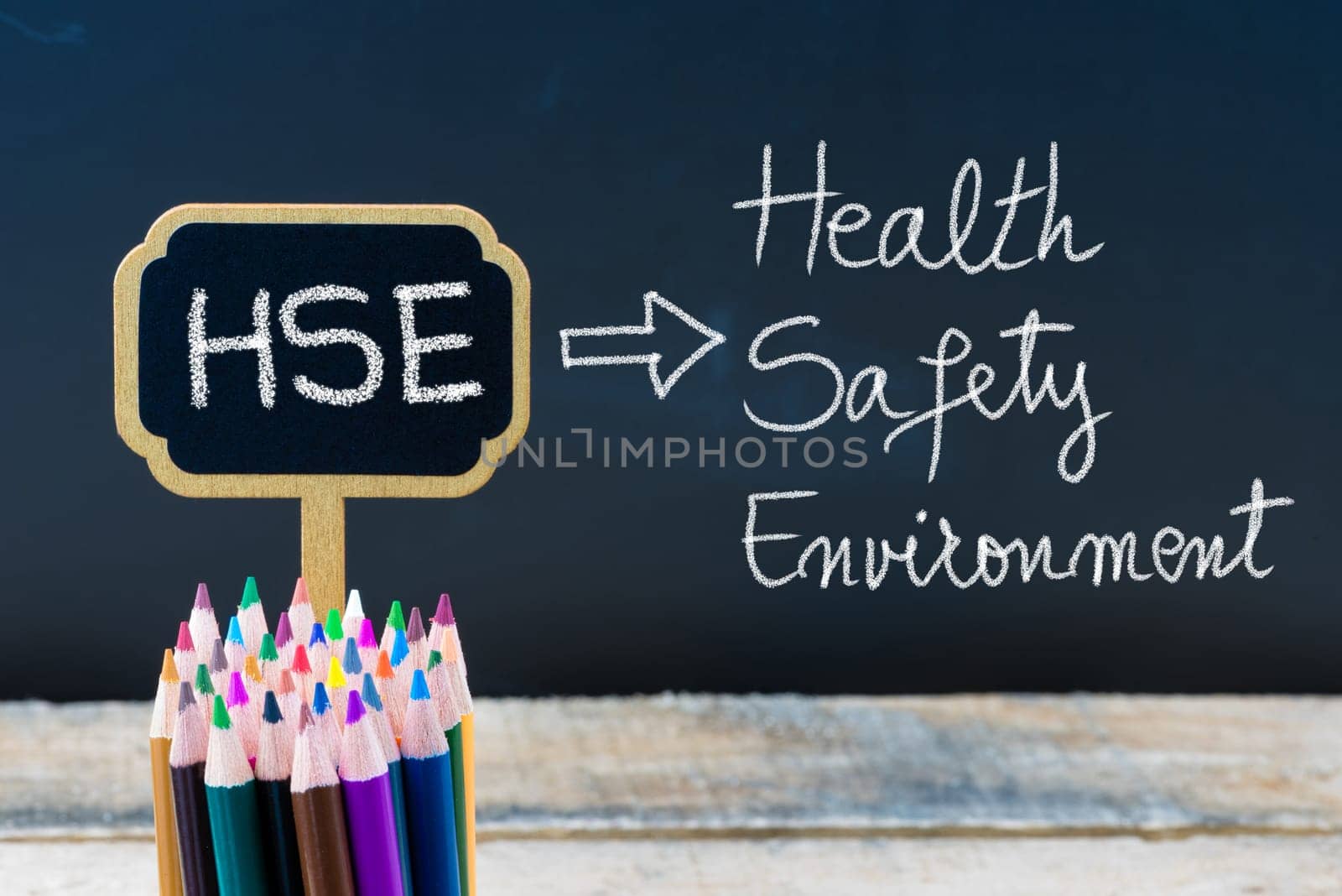 Business Acronym HSE Health Safety Environment written with chalk on wooden mini blackboard labels and chalkboard background.