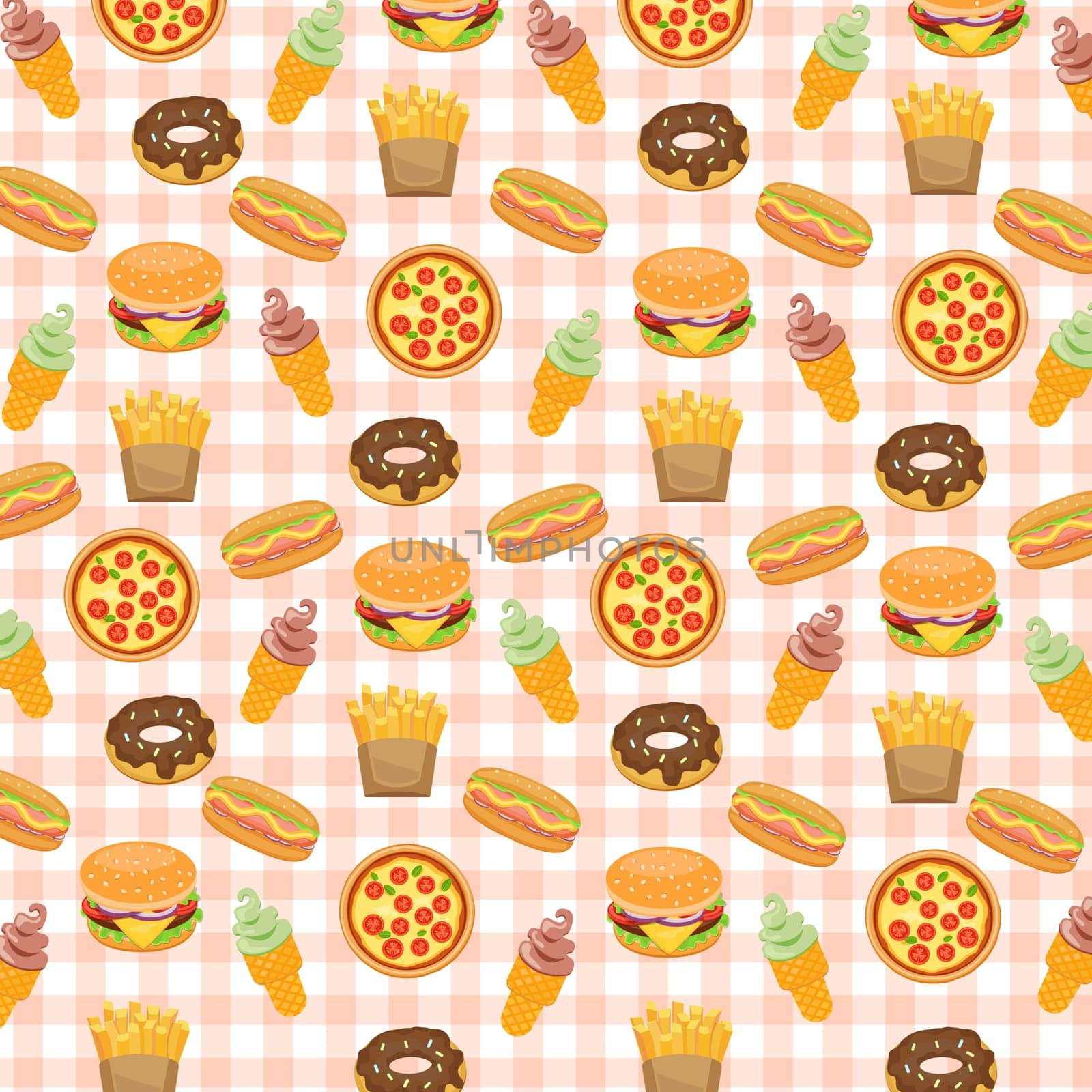 Fast food background with doughnut and hotdog, ice cream and burger, fries and pizza, vector illustration.