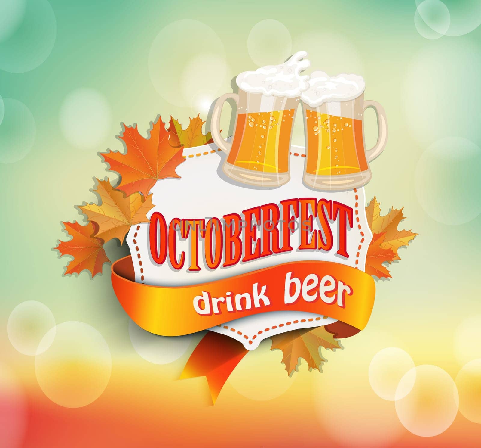 Oktoberfest vintage frame with beer and autumn leaves on bokeh background. Poster template. Vector illustration, EPS 10.