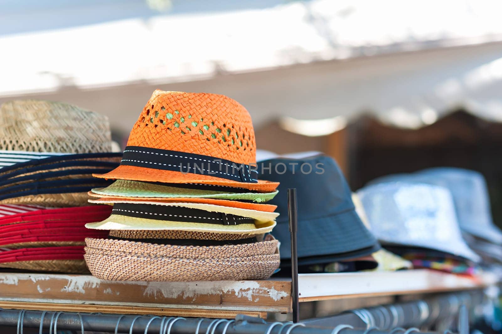 Open market stall with summer straw hats