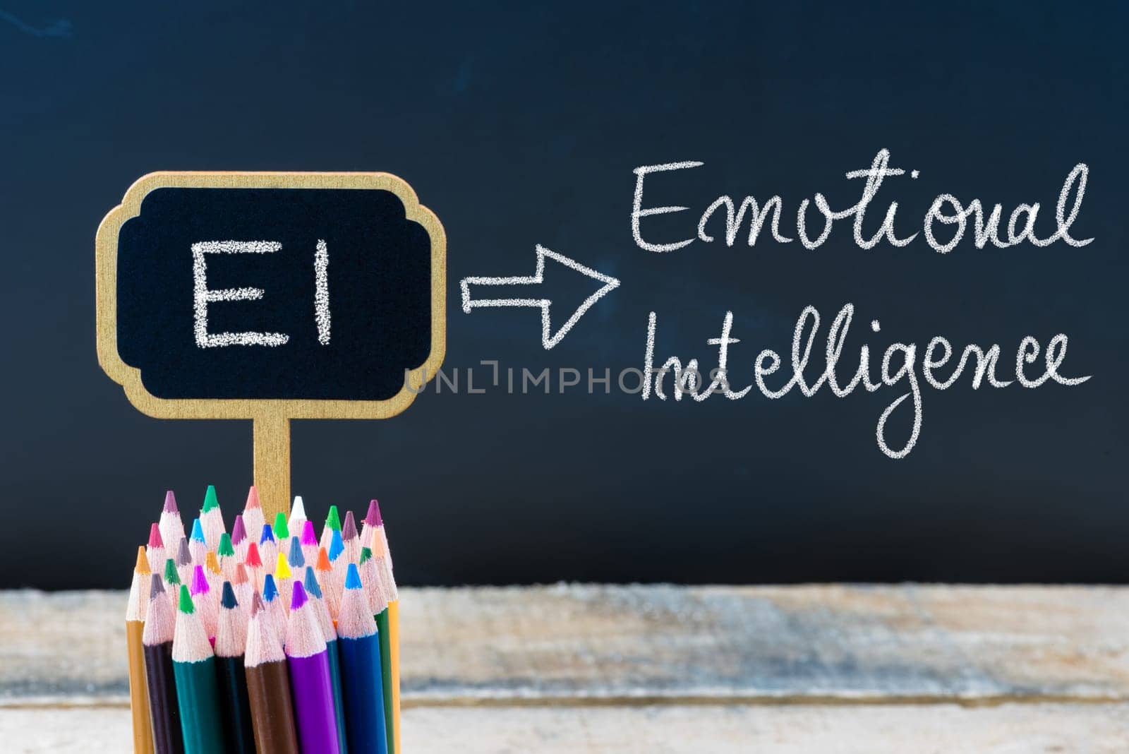 Business Acronym EI Emotional Intelligence written with chalk on wooden mini blackboard labels and chalkboard background.