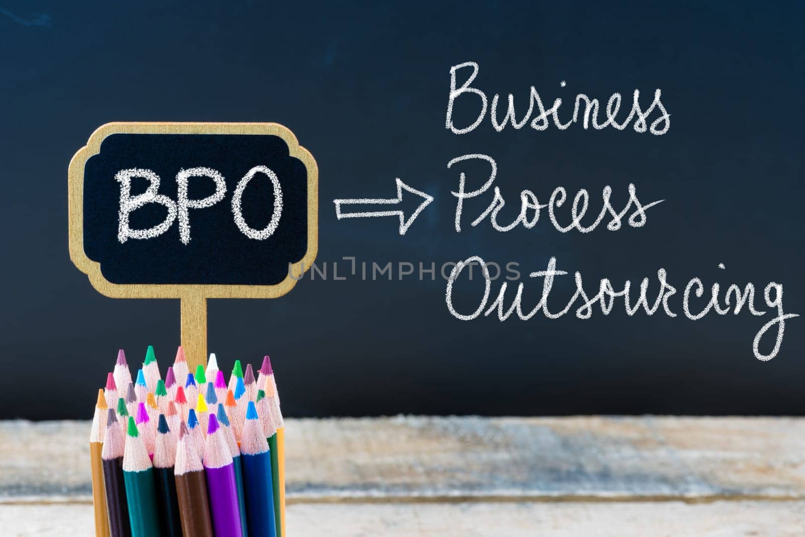 Business Acronym BPO Business Process Outsourcing written with chalk on wooden mini blackboard labels and chalkboard background.
