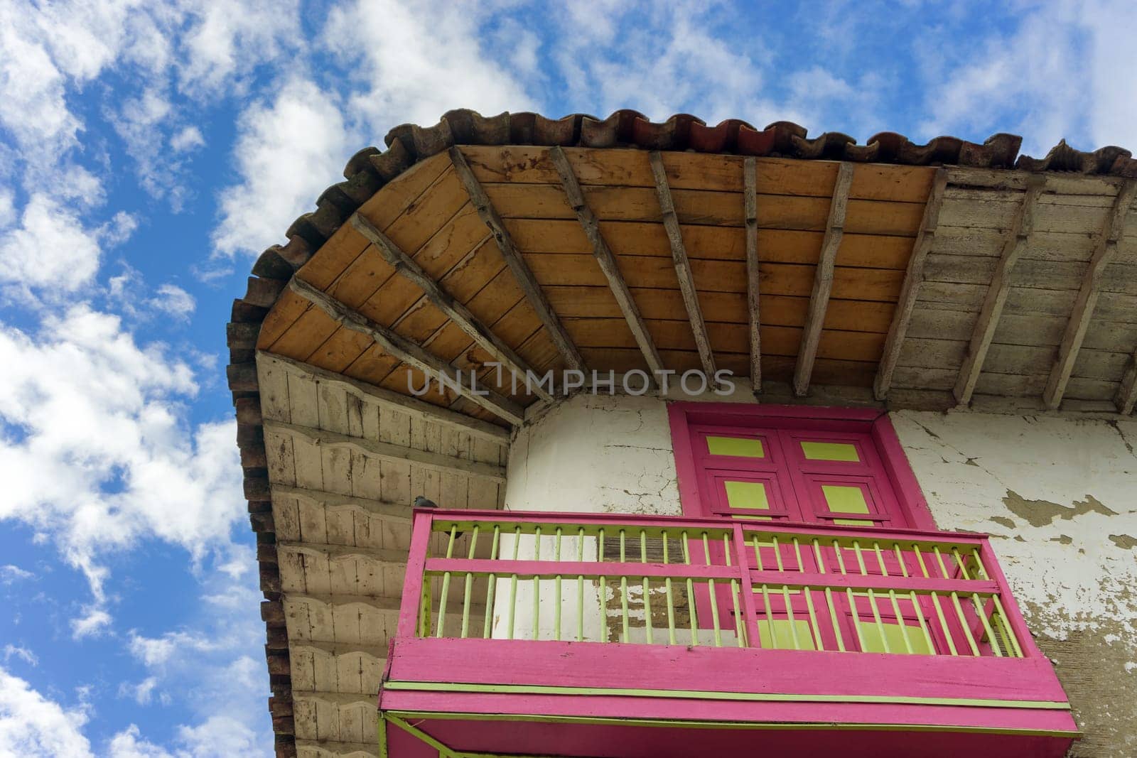 Rustic colonial architecture and blue sky in Salento, Colombia