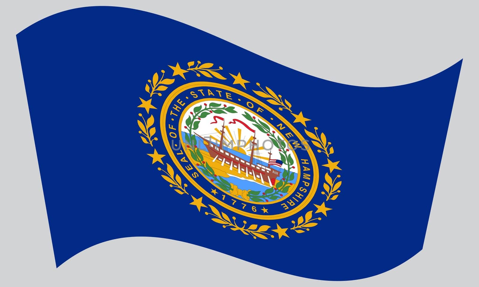 New Hampshirite official flag, symbol. American patriotic element. USA banner. United States of America background. Flag of the US state of New Hampshire waving on gray background, vector