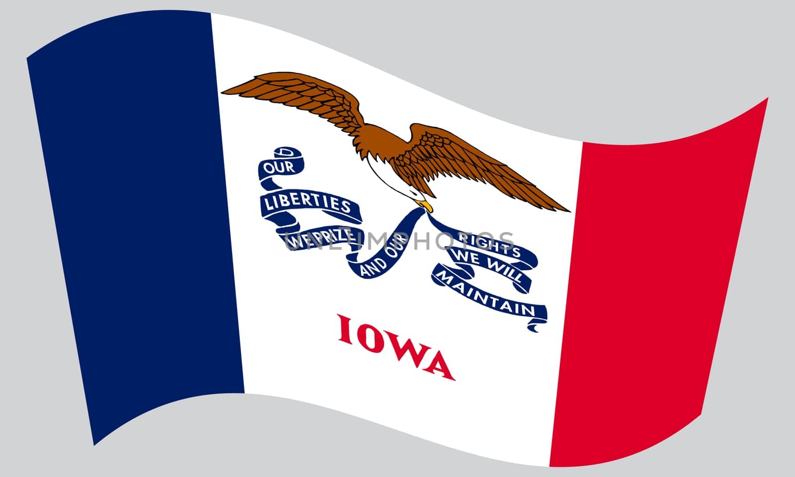 Iowan official flag, symbol. American patriotic element. USA banner. United States of America background. Flag of the US state of Iowa waving on gray background, vector